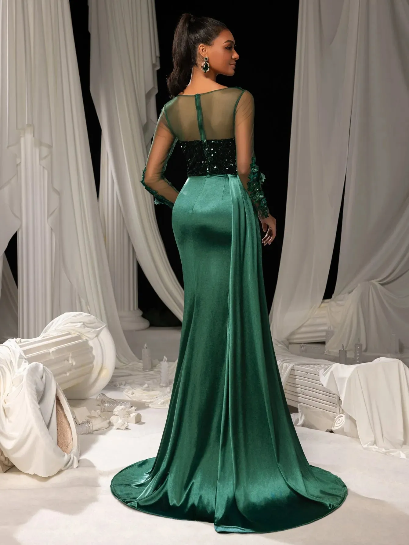 Elegant Sequin Bodice Sheer Sleeves Mermaid Hem Satin Evening Dress