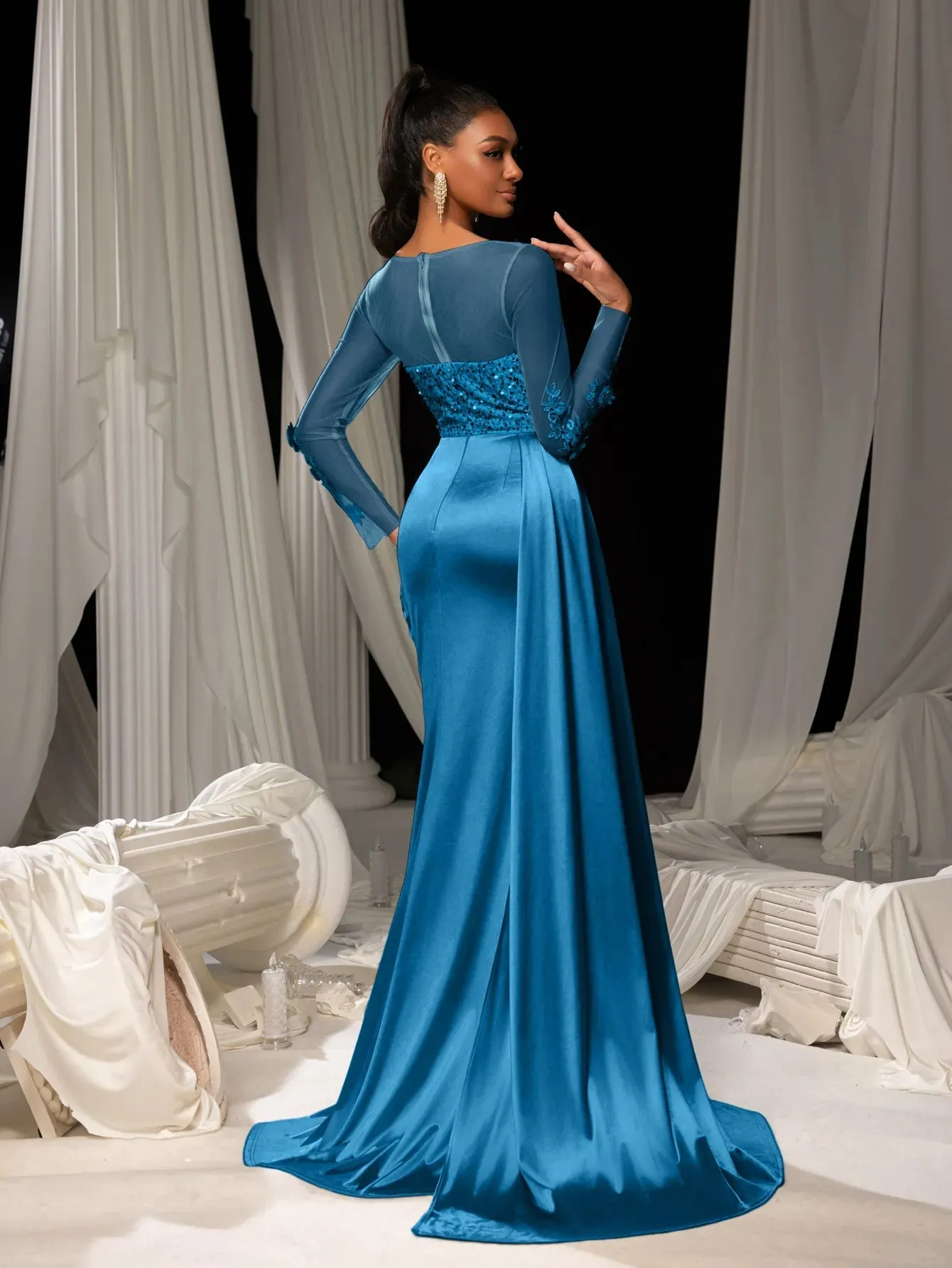 Elegant Sequin Bodice Sheer Sleeves Mermaid Hem Satin Evening Dress