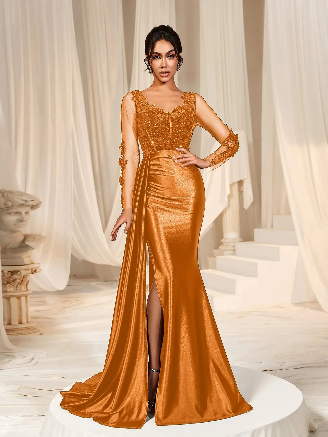 Elegant Sequin Bodice Sheer Sleeves Mermaid Hem Satin Evening Dress