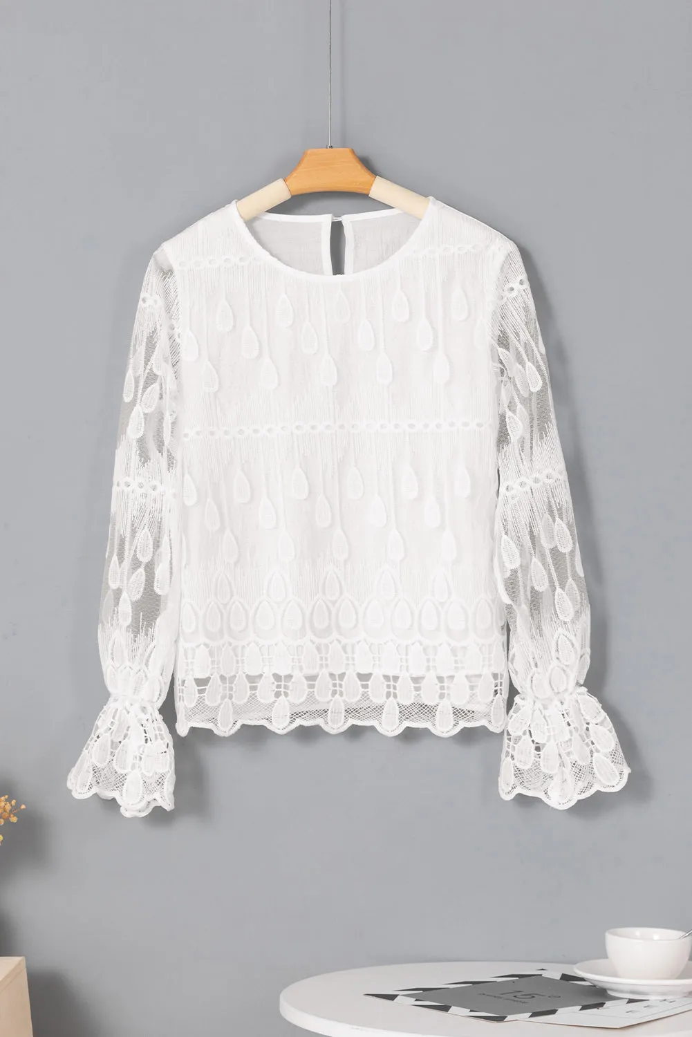 Embroidered Mesh Flounce Sleeve Blouse