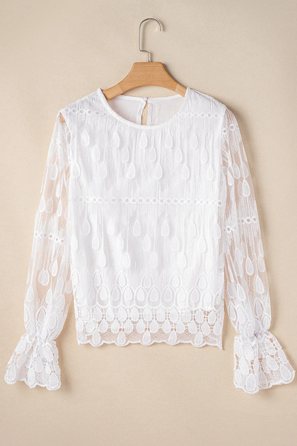 Embroidered Mesh Flounce Sleeve Blouse