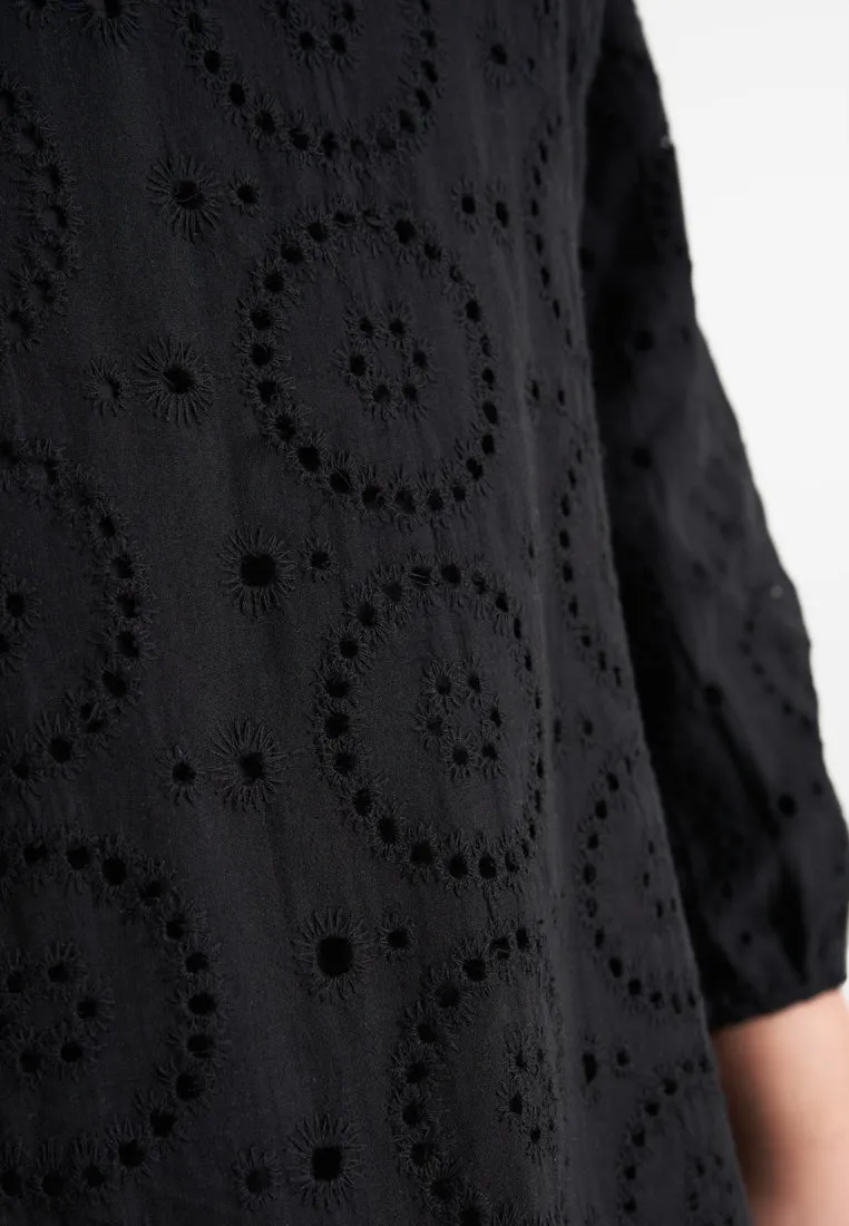 Emelda Embroidery Eyelet Blouse - Black