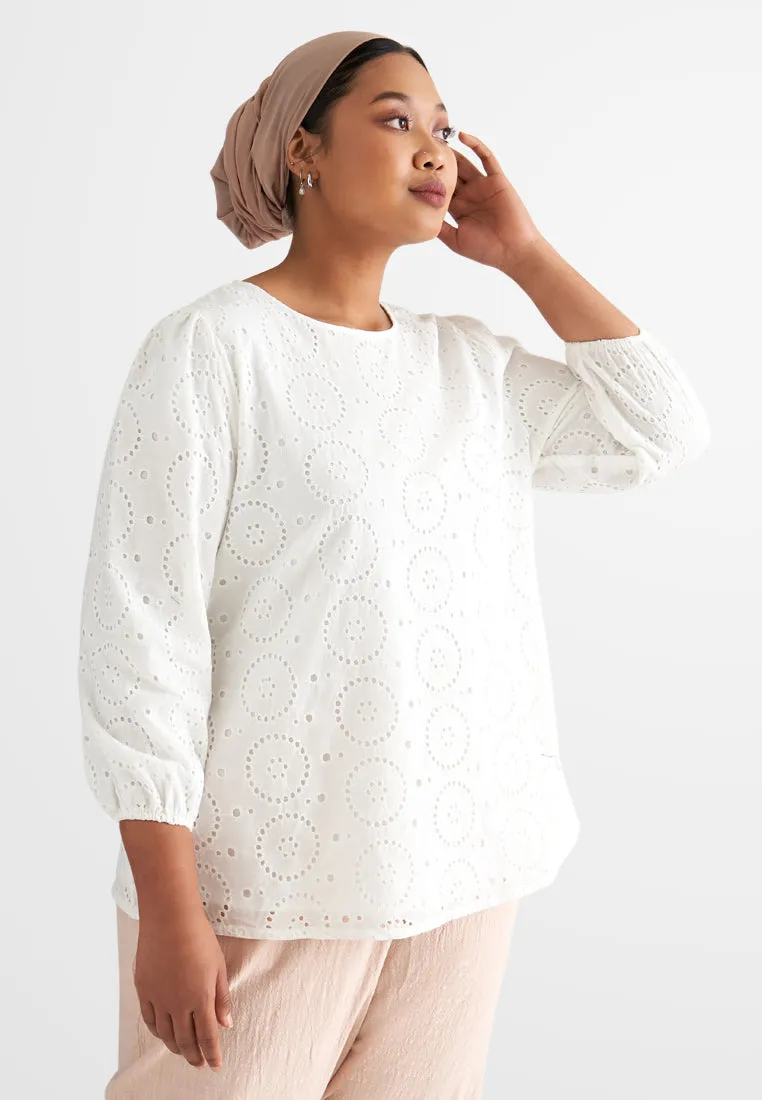 Emelda Embroidery Eyelet Blouse - White