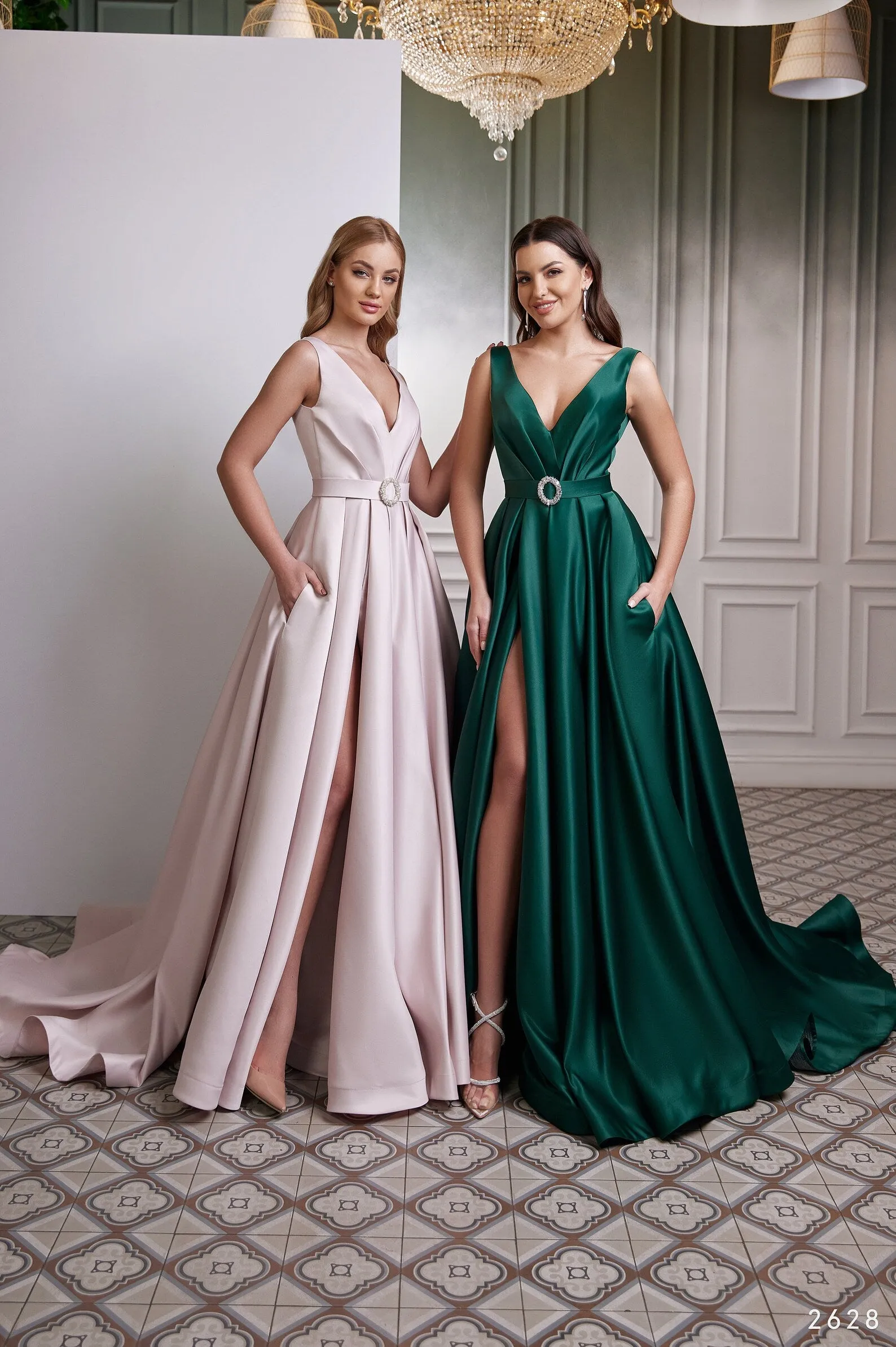 Emerald Green Satin Formal Gown with Pockets