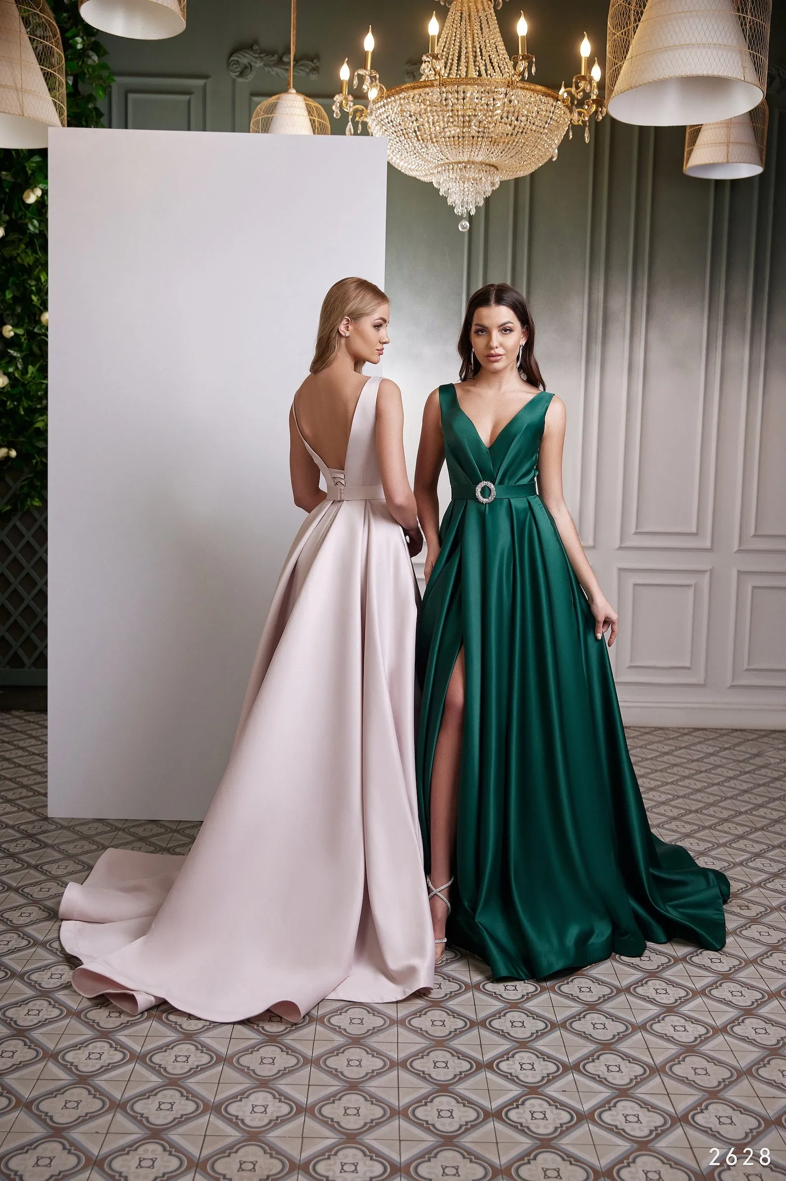 Emerald Green Satin Formal Gown with Pockets