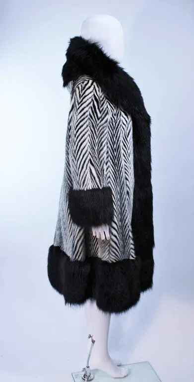 FACCARIA FURS Black & White Chevron Fur Coat w/ Fox Trim Size 4