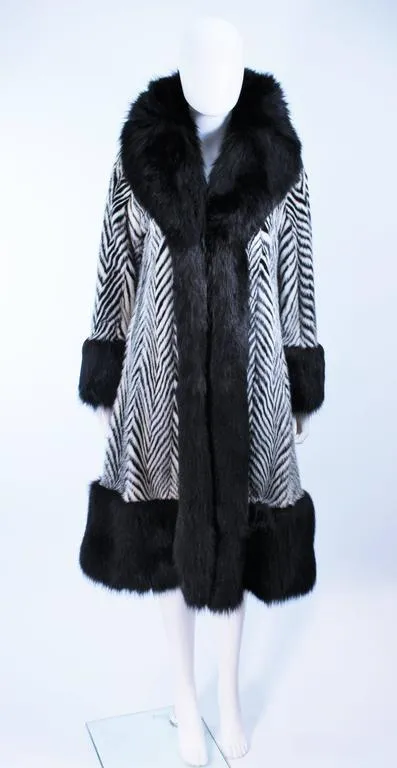 FACCARIA FURS Black & White Chevron Fur Coat w/ Fox Trim Size 4