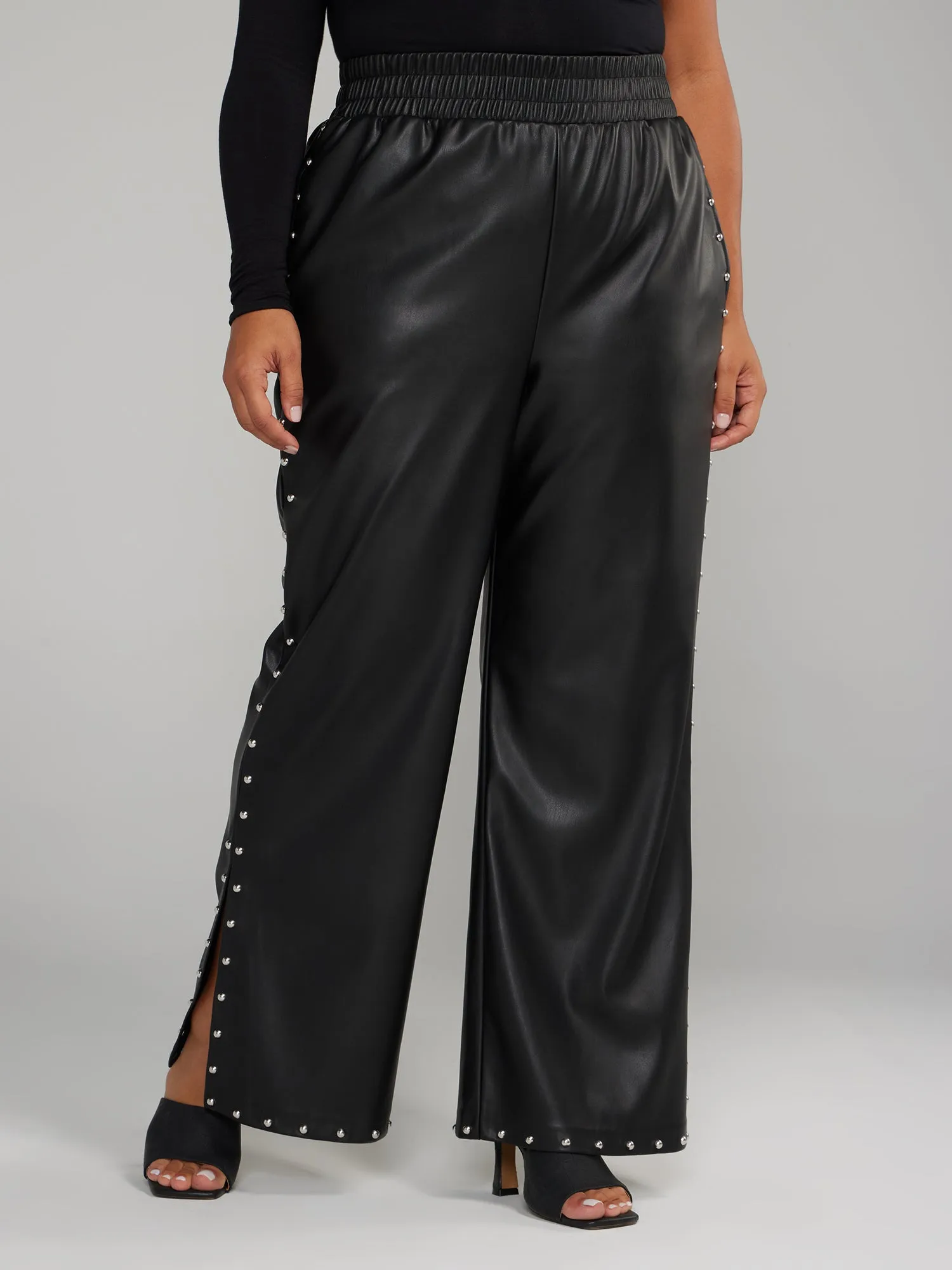 Faux Leather Stud Detail Wide Leg Pants