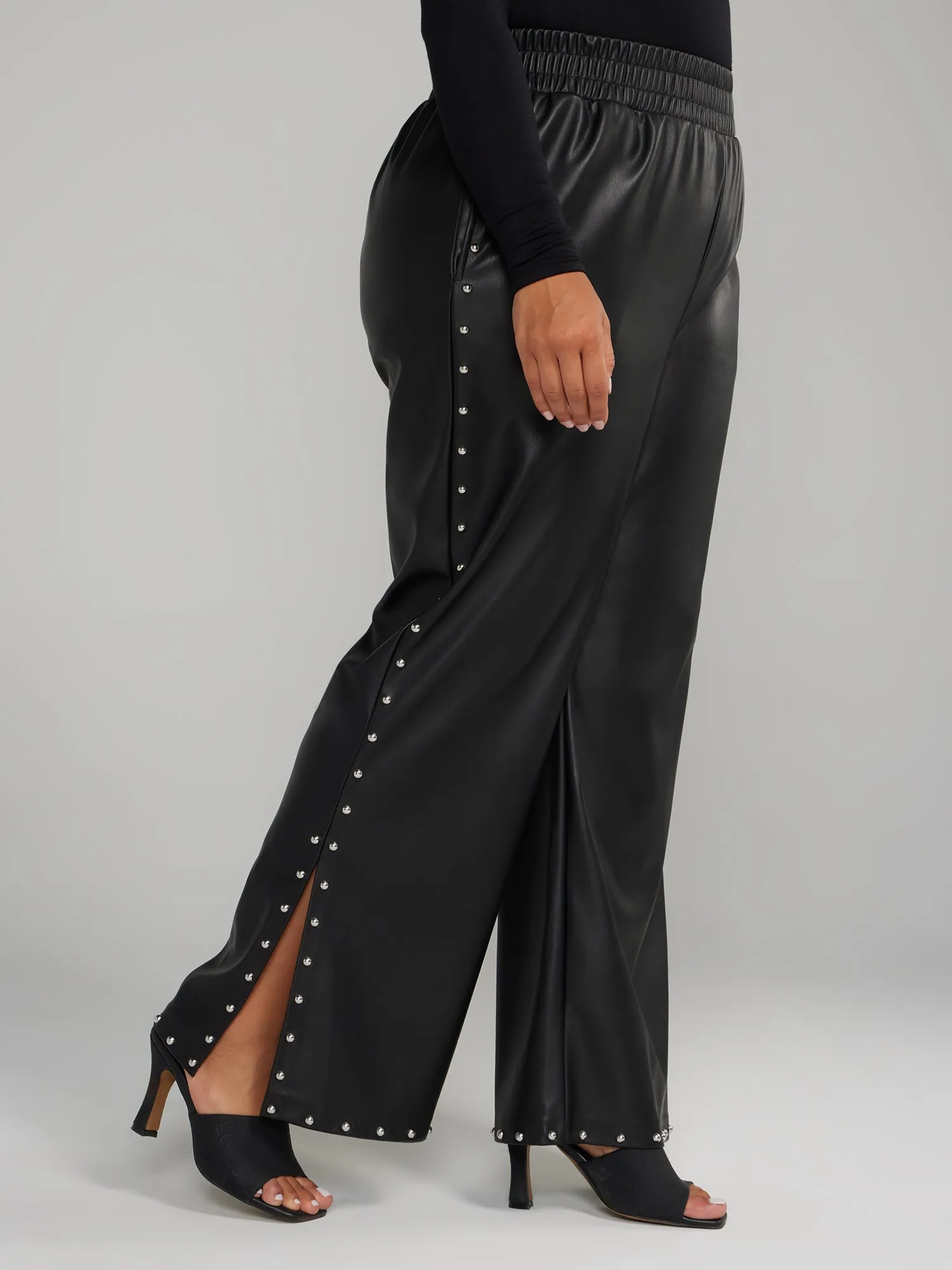 Faux Leather Stud Detail Wide Leg Pants