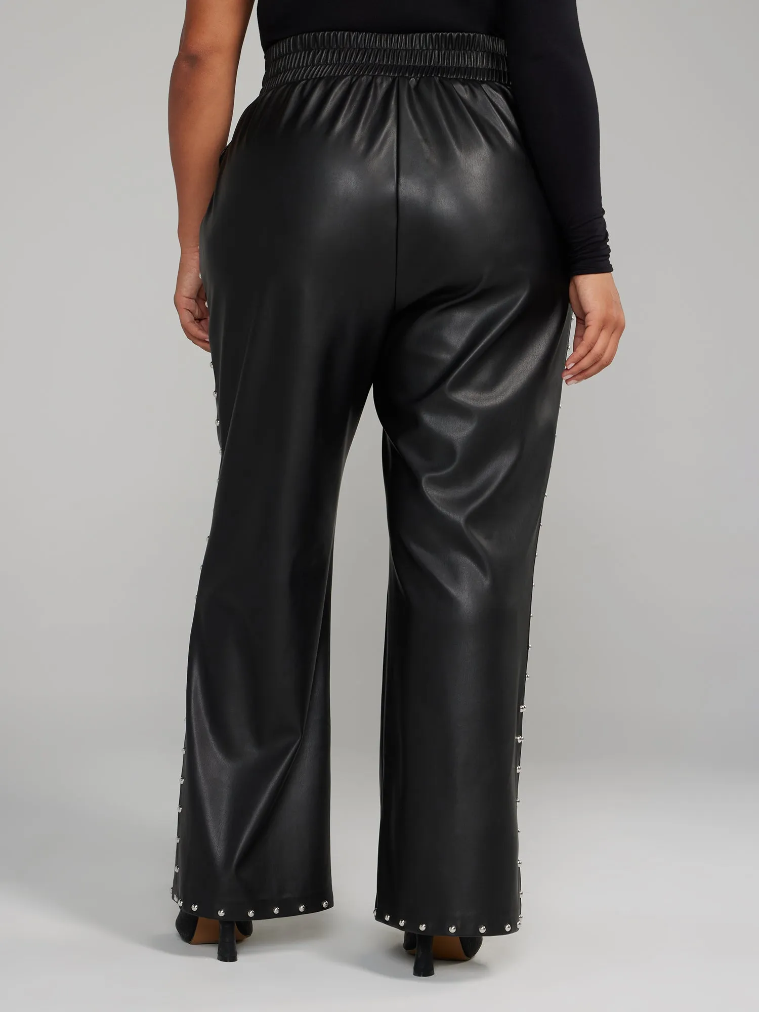 Faux Leather Stud Detail Wide Leg Pants