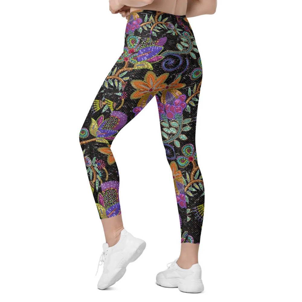 Faux Paillette Flower Leggings with Pockets