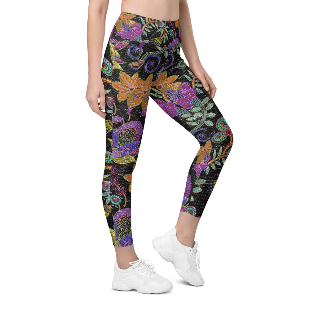 Faux Paillette Flower Leggings with Pockets