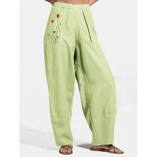 Flower Embroidery Pockets Harem Pants