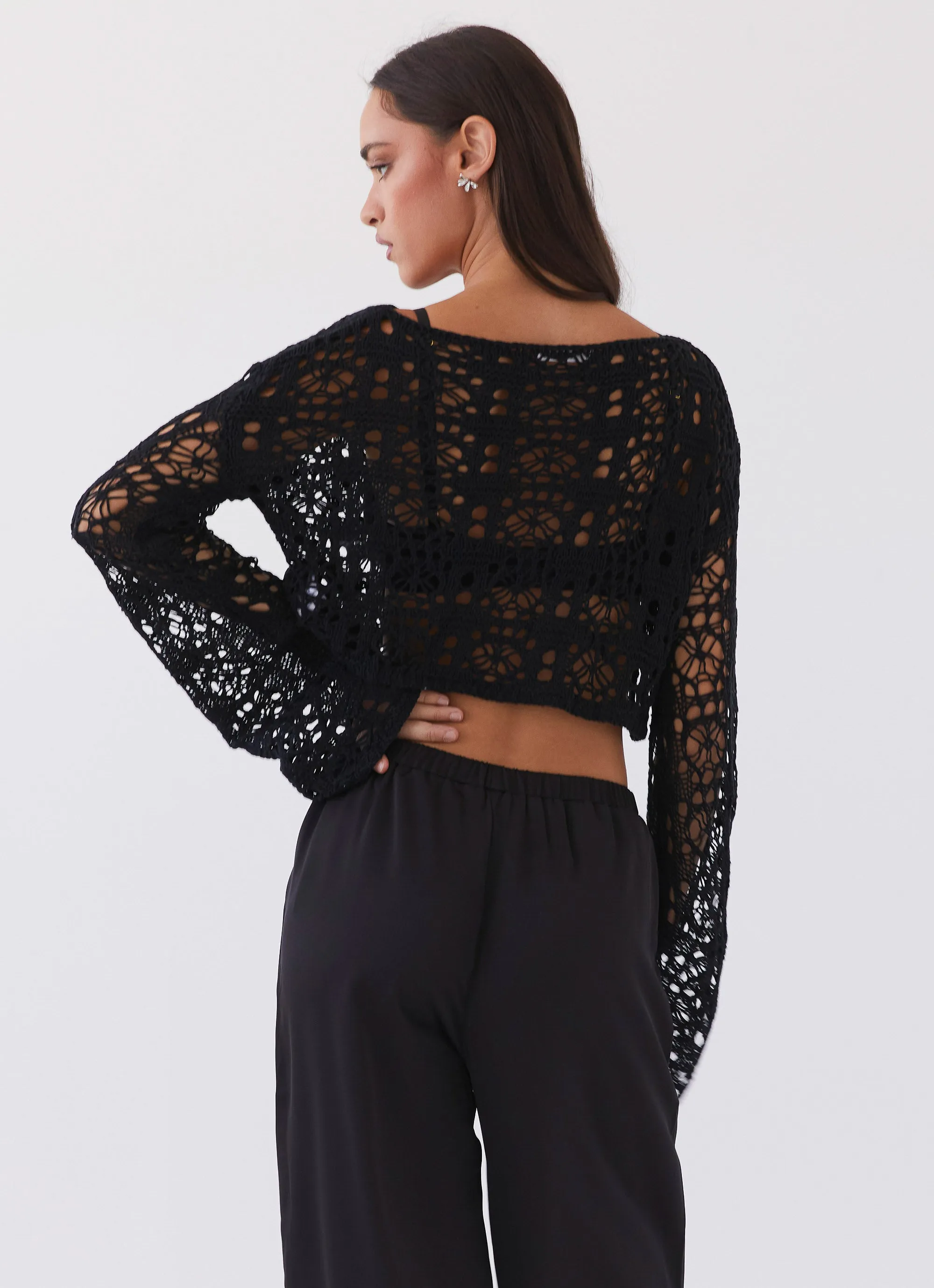 Free Mind Crochet Long Sleeve Top - Black