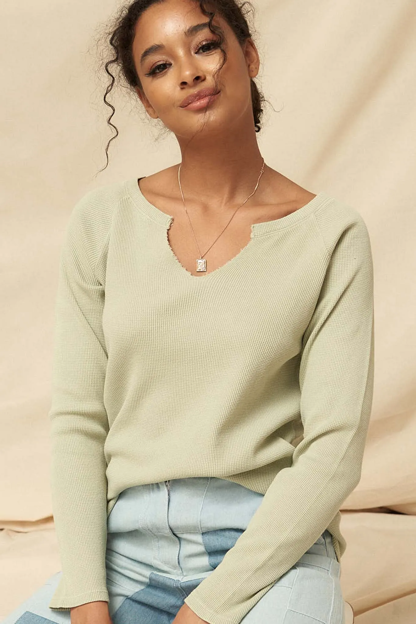 Fun Fest Vintage Split-Neck Thermal Waffle Top