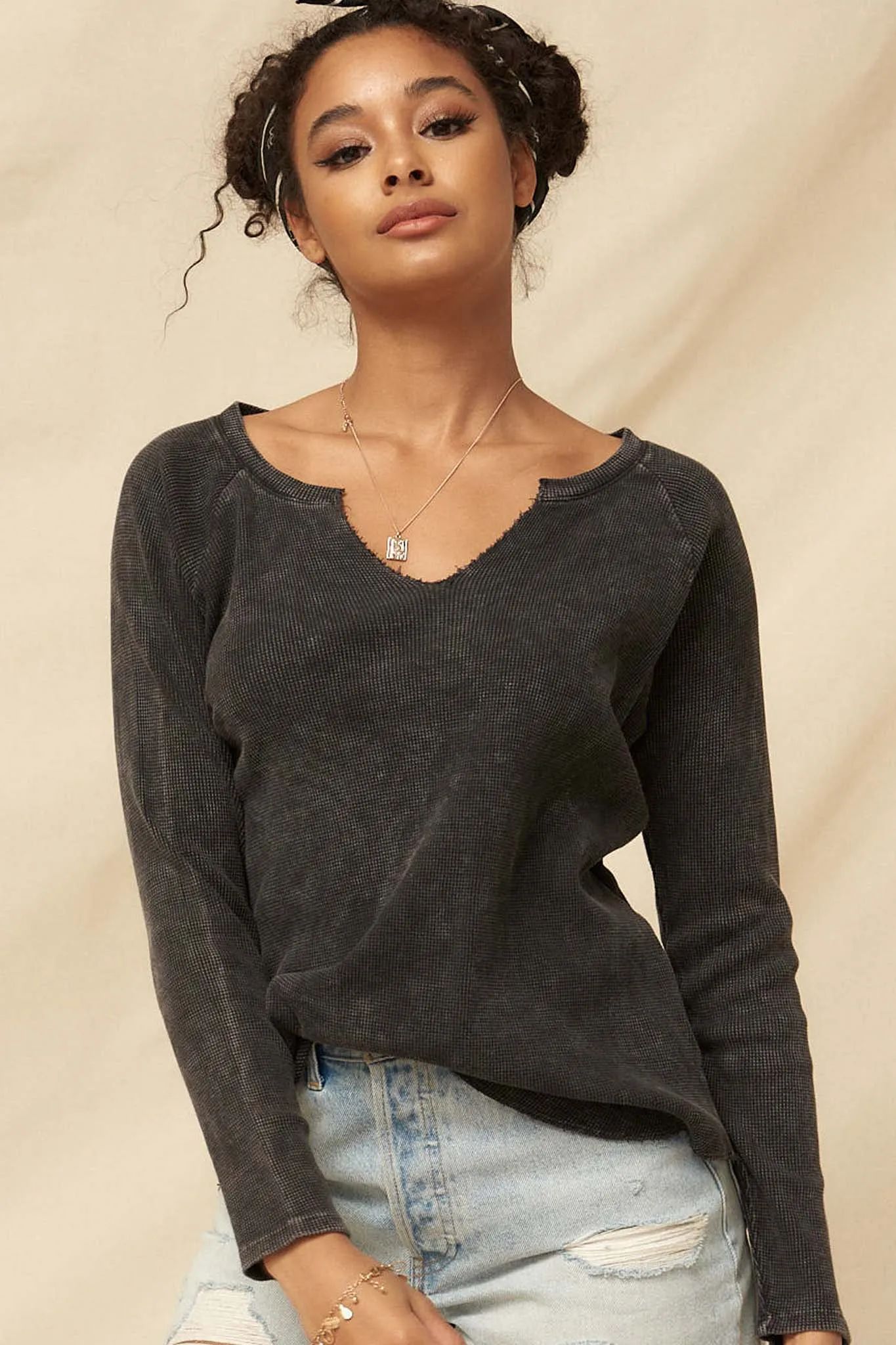 Fun Fest Vintage Split-Neck Thermal Waffle Top