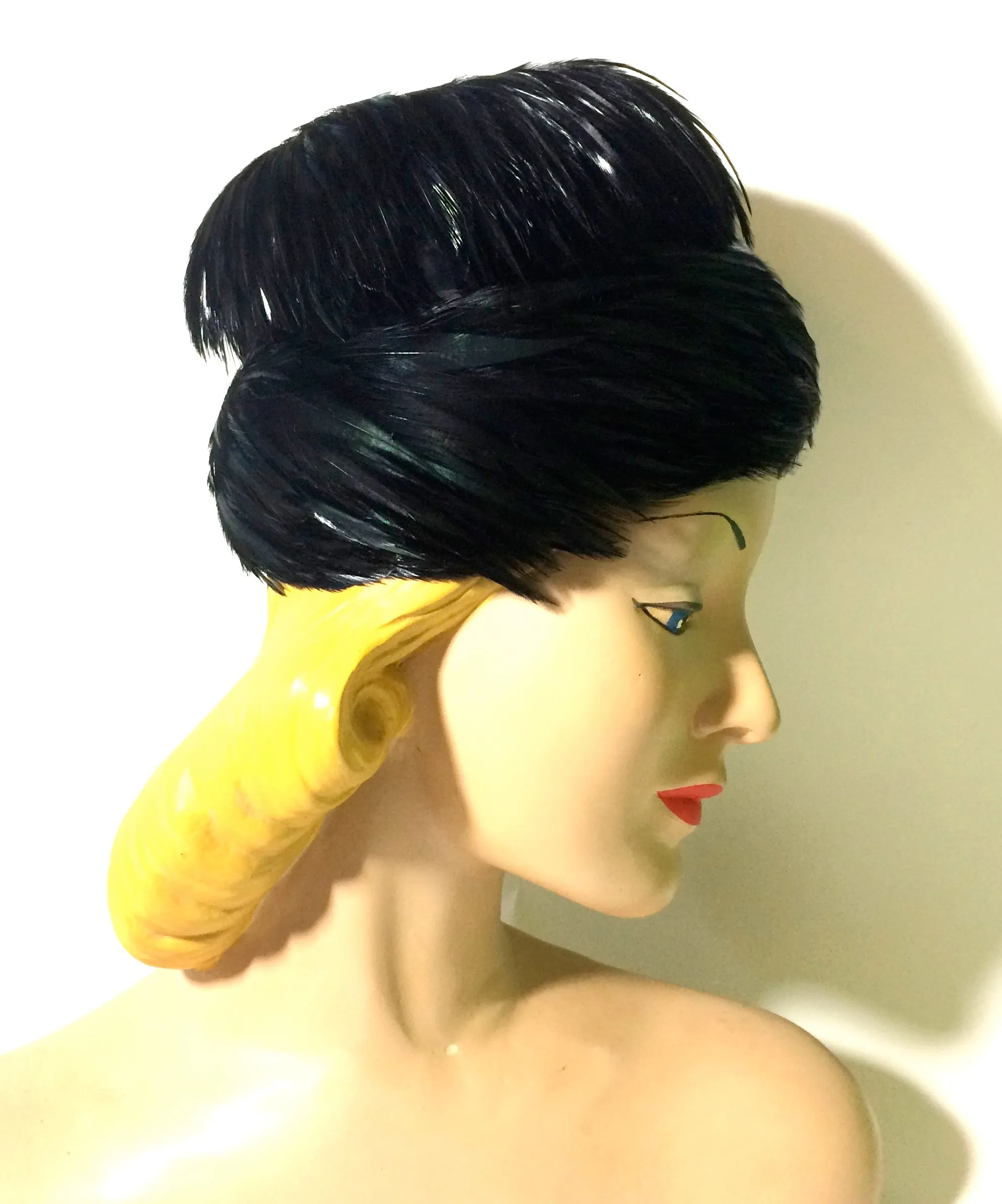 Glossy Black Swirled Feather Tiered Cocktail Hat circa 1960s