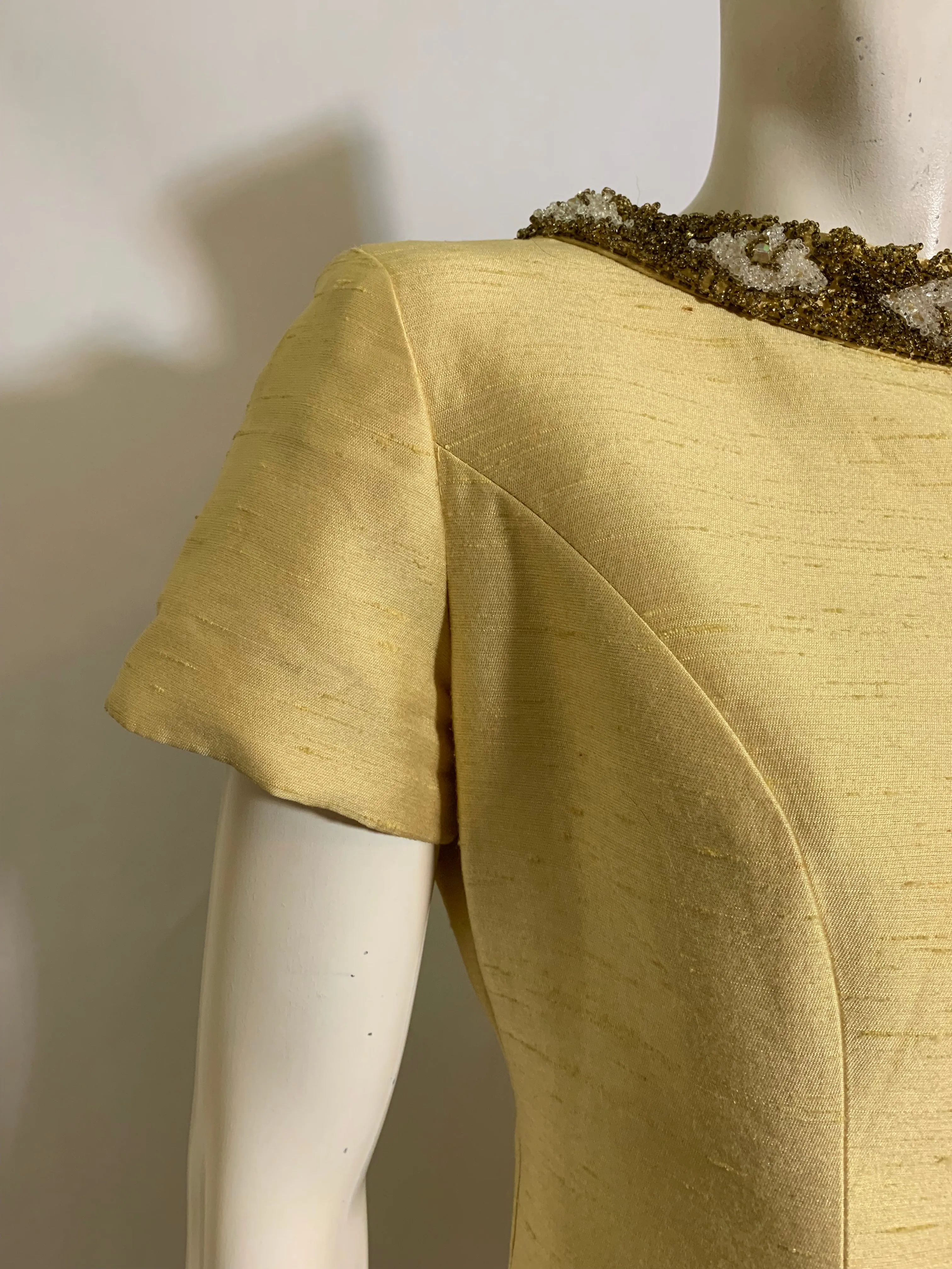 Golden Yellow Slubbed Silk Beaded Collar Cocktail Dress circa 1960s