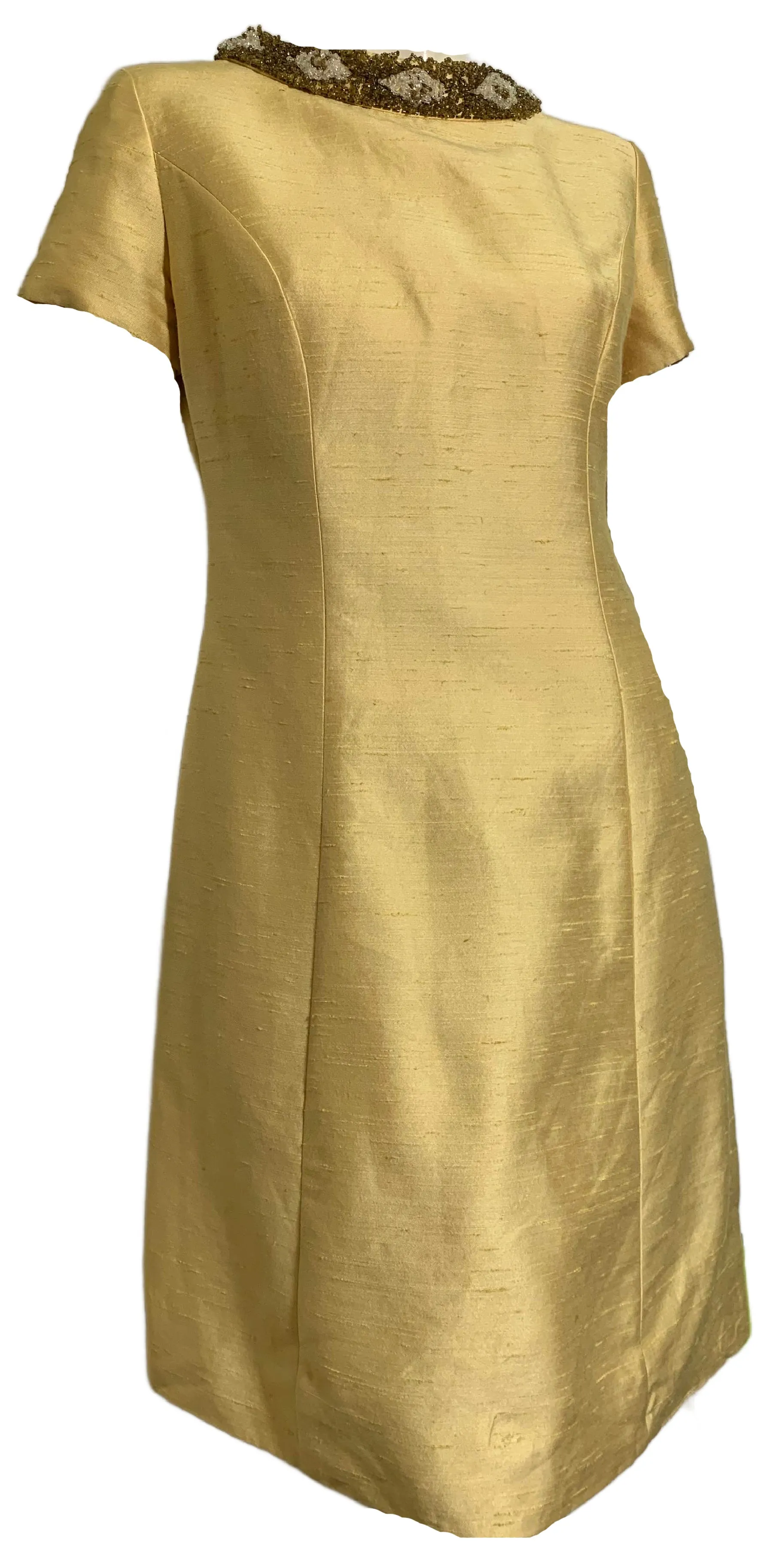 Golden Yellow Slubbed Silk Beaded Collar Cocktail Dress circa 1960s