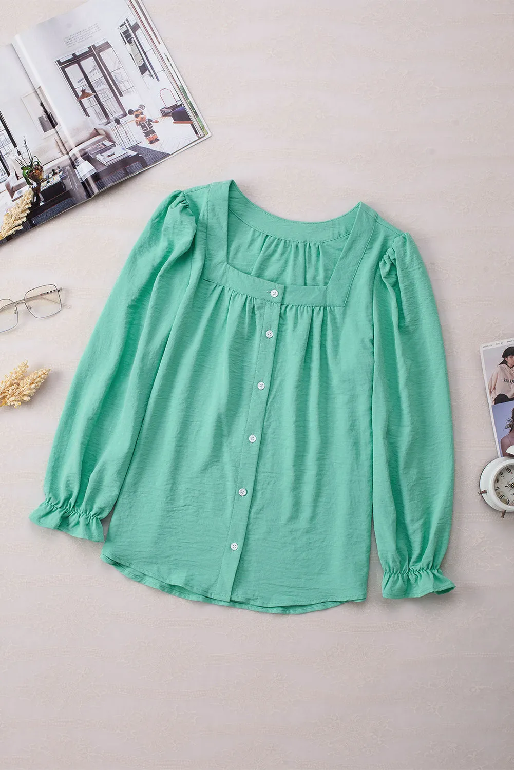 Green Flounce Sleeve Square Neck Button-Up Shirt