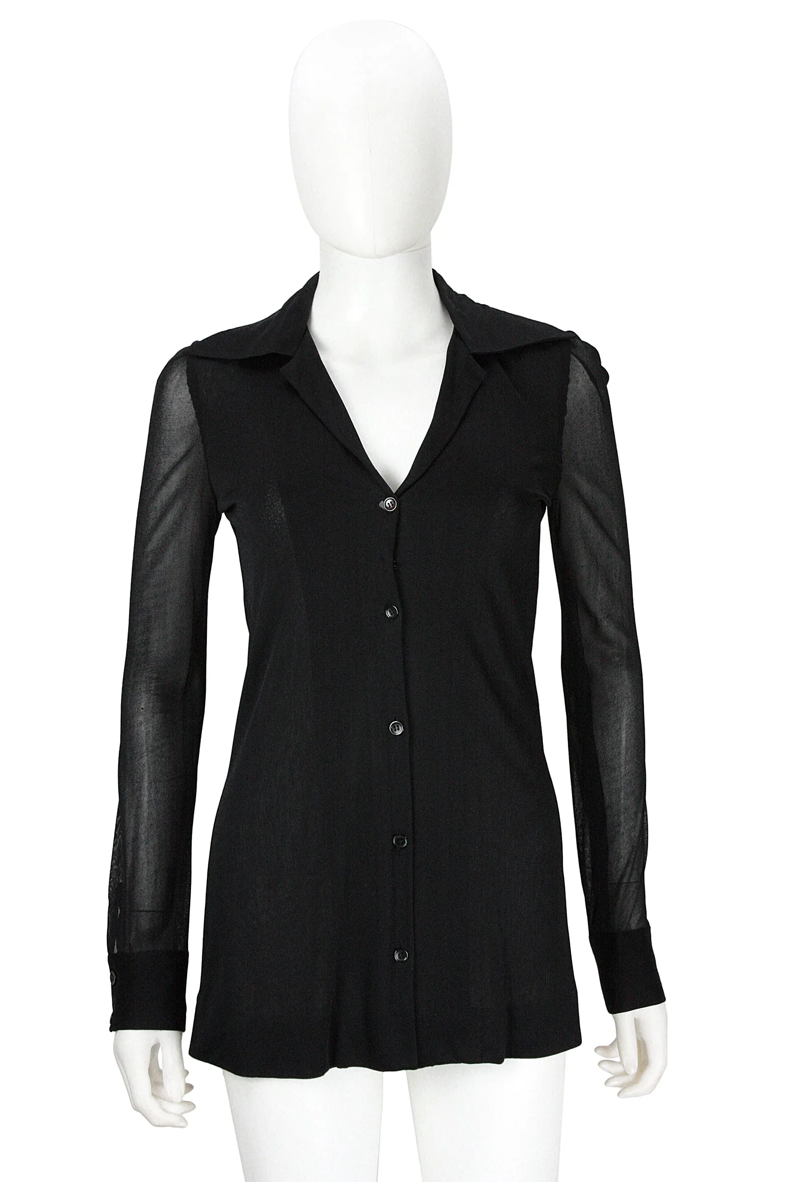 HALSTON 1970s Black Sheer Jersey Button Down Shirt