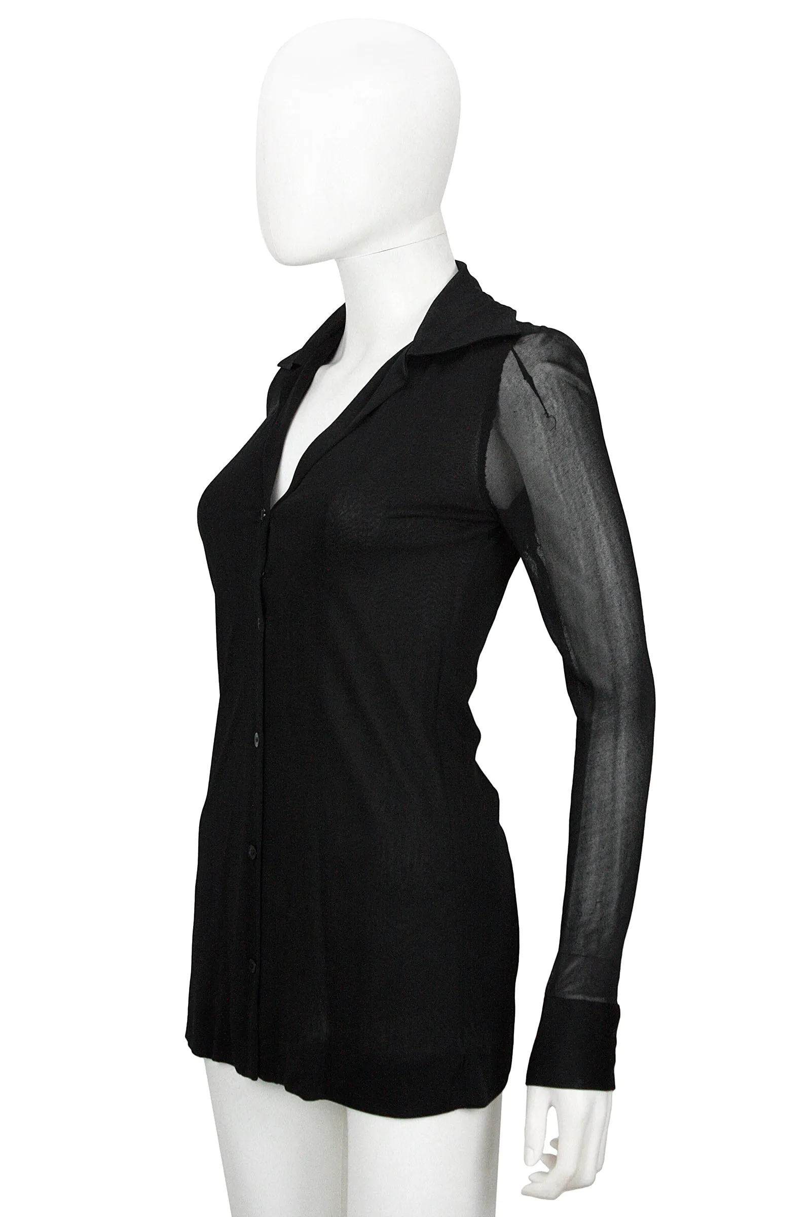 HALSTON 1970s Black Sheer Jersey Button Down Shirt