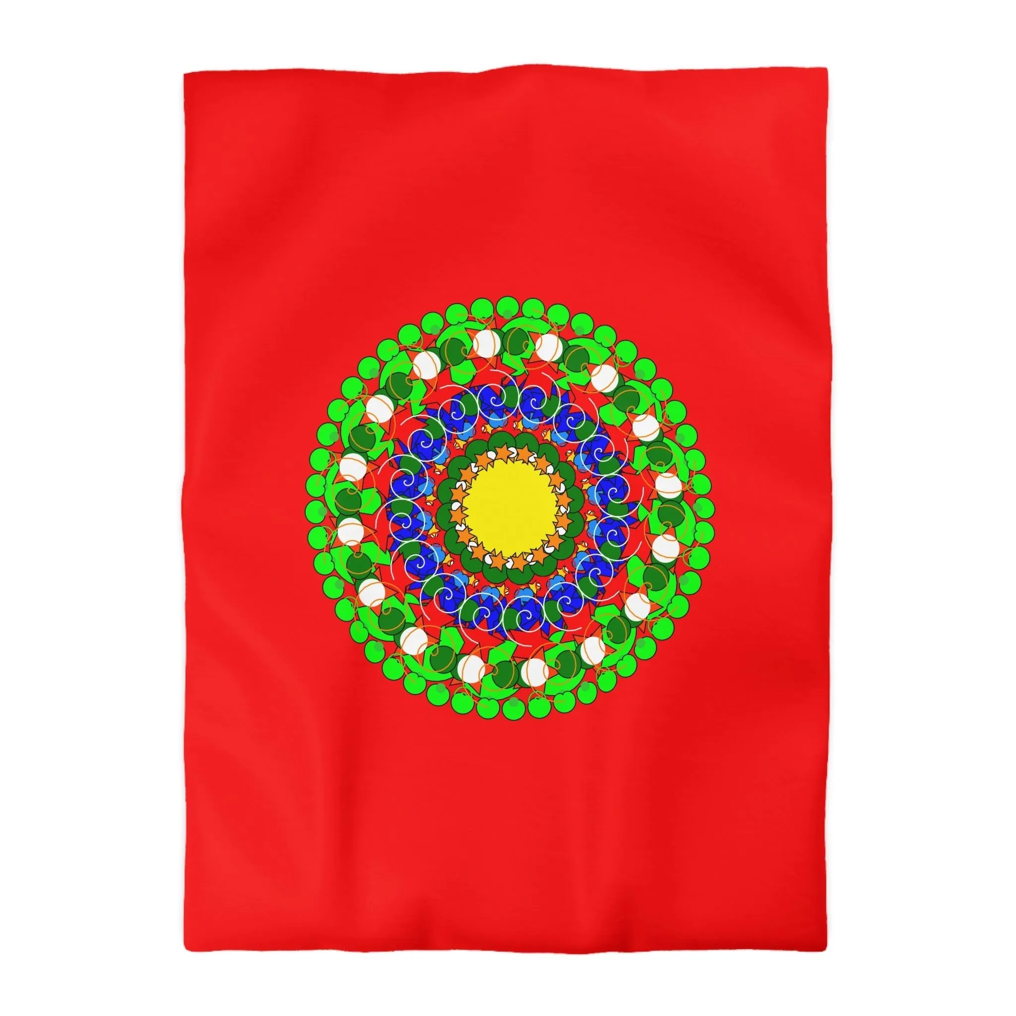 Handmade Mandala Christmas Duvet Cover for Kids' Bed - Hand-drawn Stars and Spirals - Red, Gold, Blue, Green - Fun and Colorful Presents Design