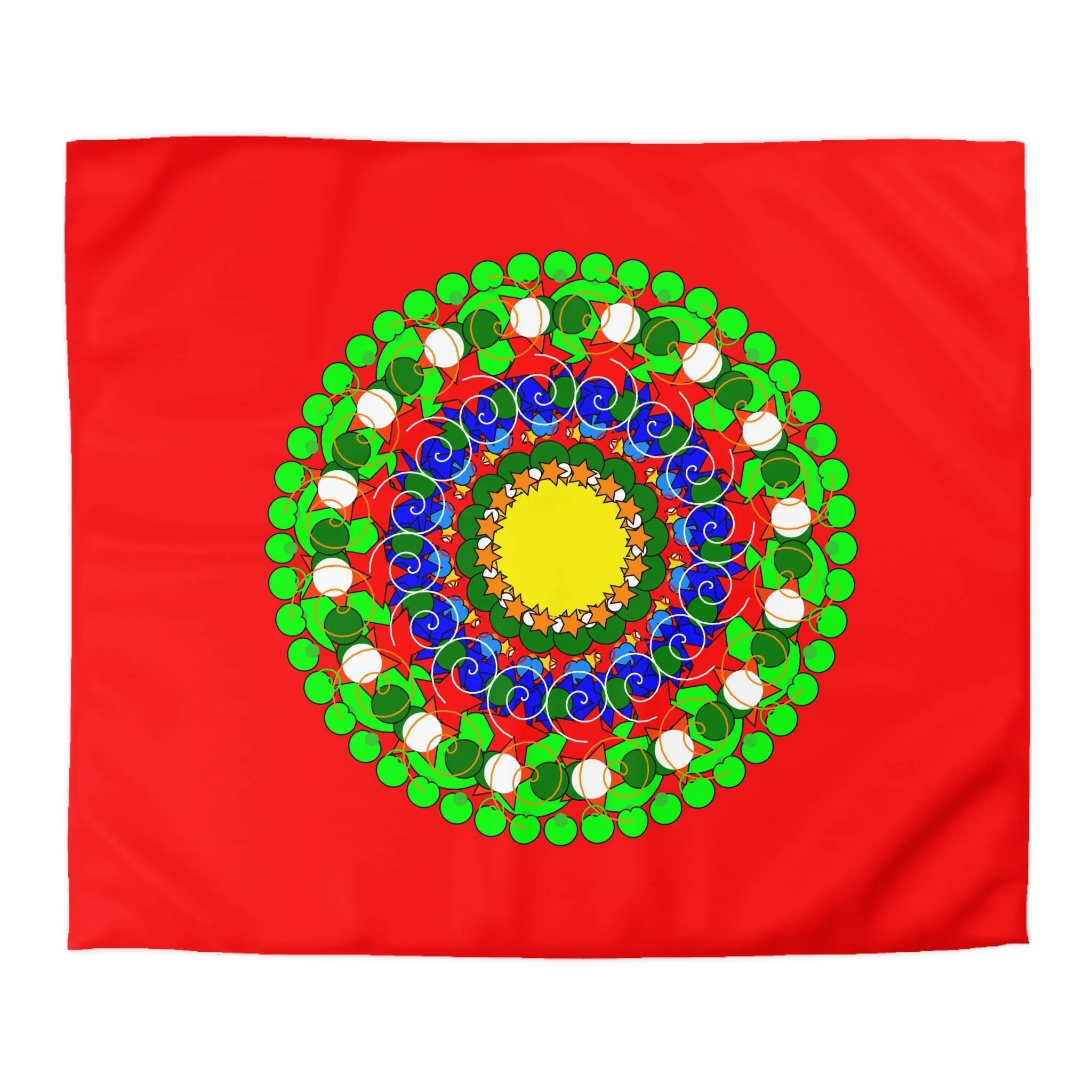 Handmade Mandala Christmas Duvet Cover for Kids' Bed - Hand-drawn Stars and Spirals - Red, Gold, Blue, Green - Fun and Colorful Presents Design