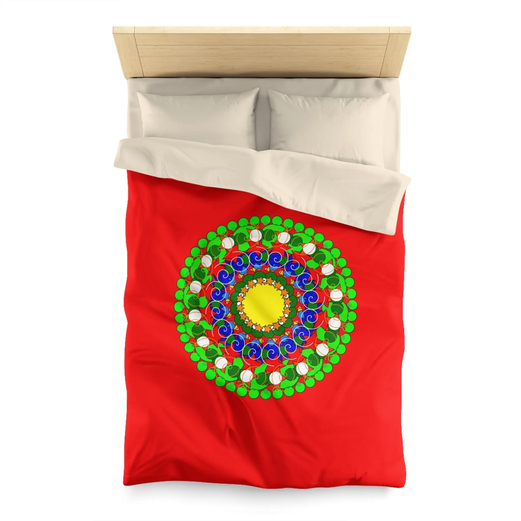 Handmade Mandala Christmas Duvet Cover for Kids' Bed - Hand-drawn Stars and Spirals - Red, Gold, Blue, Green - Fun and Colorful Presents Design