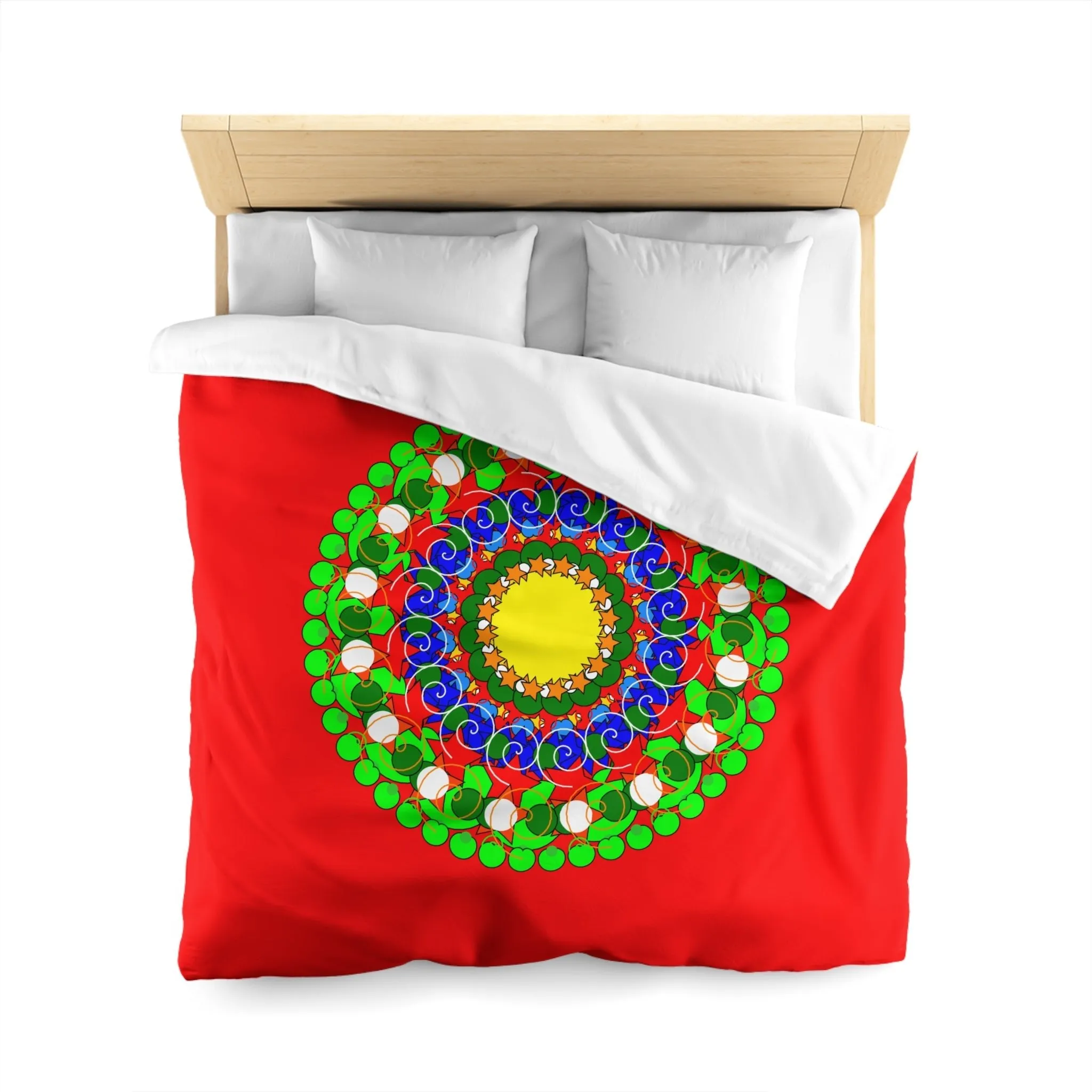 Handmade Mandala Christmas Duvet Cover for Kids' Bed - Hand-drawn Stars and Spirals - Red, Gold, Blue, Green - Fun and Colorful Presents Design