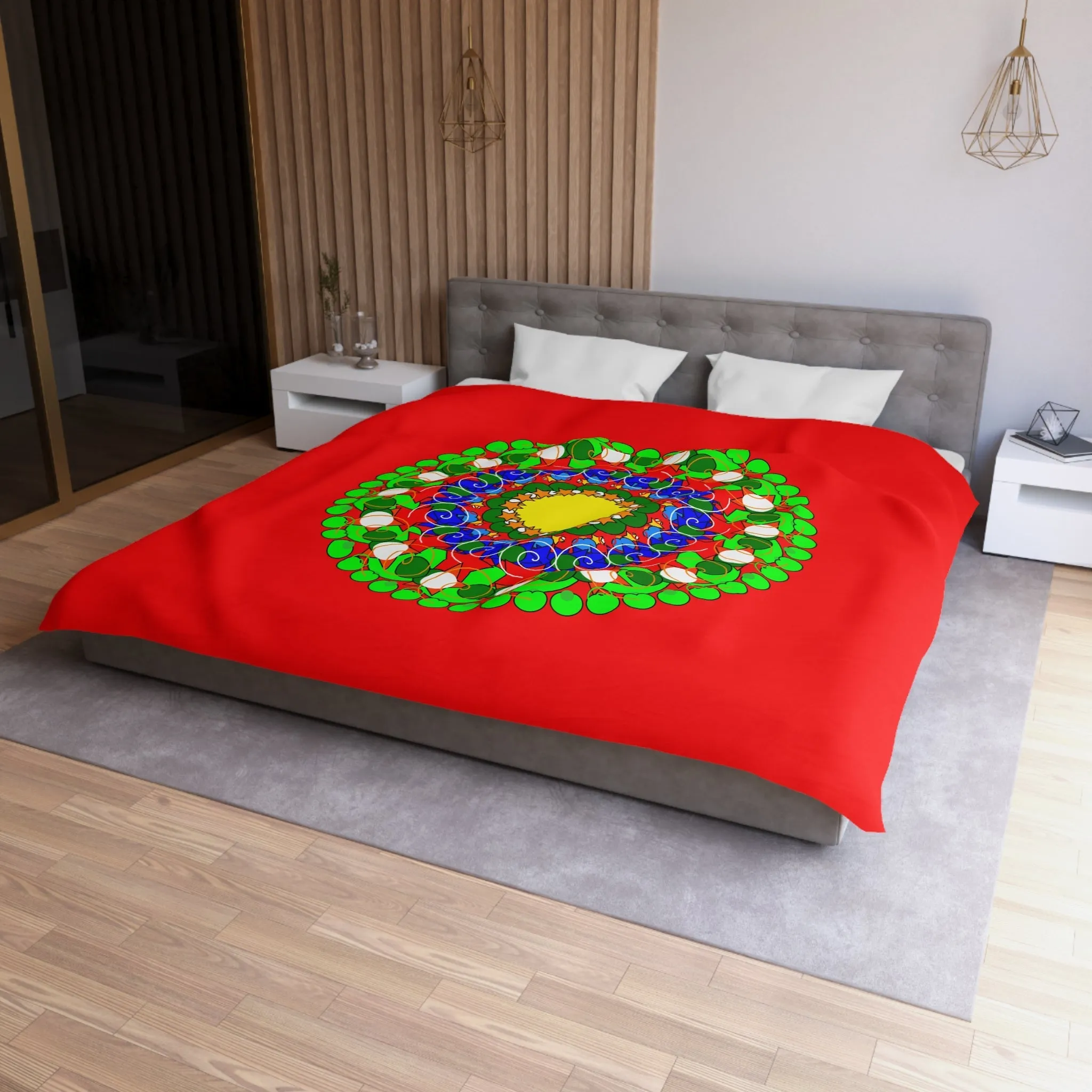 Handmade Mandala Christmas Duvet Cover for Kids' Bed - Hand-drawn Stars and Spirals - Red, Gold, Blue, Green - Fun and Colorful Presents Design