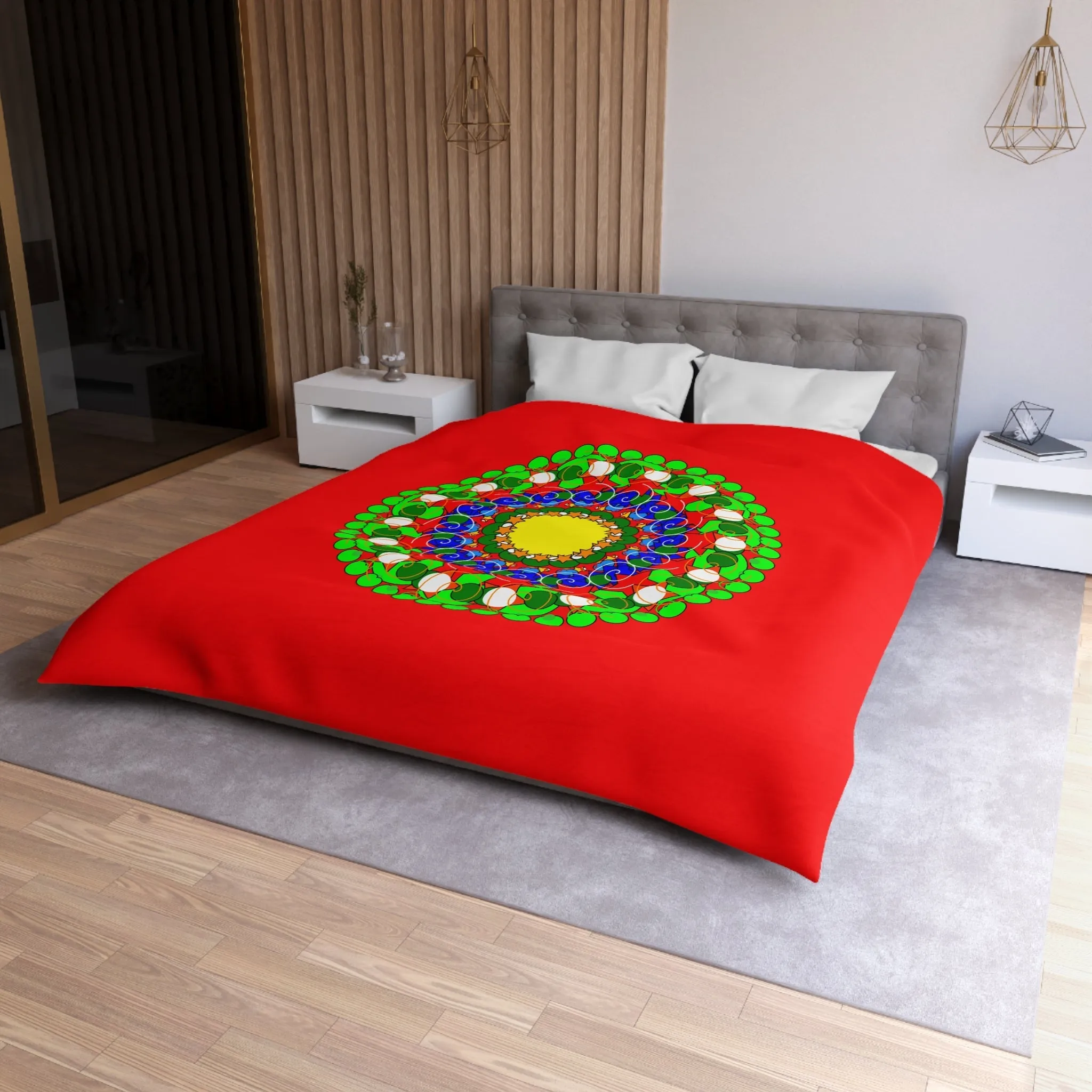 Handmade Mandala Christmas Duvet Cover for Kids' Bed - Hand-drawn Stars and Spirals - Red, Gold, Blue, Green - Fun and Colorful Presents Design