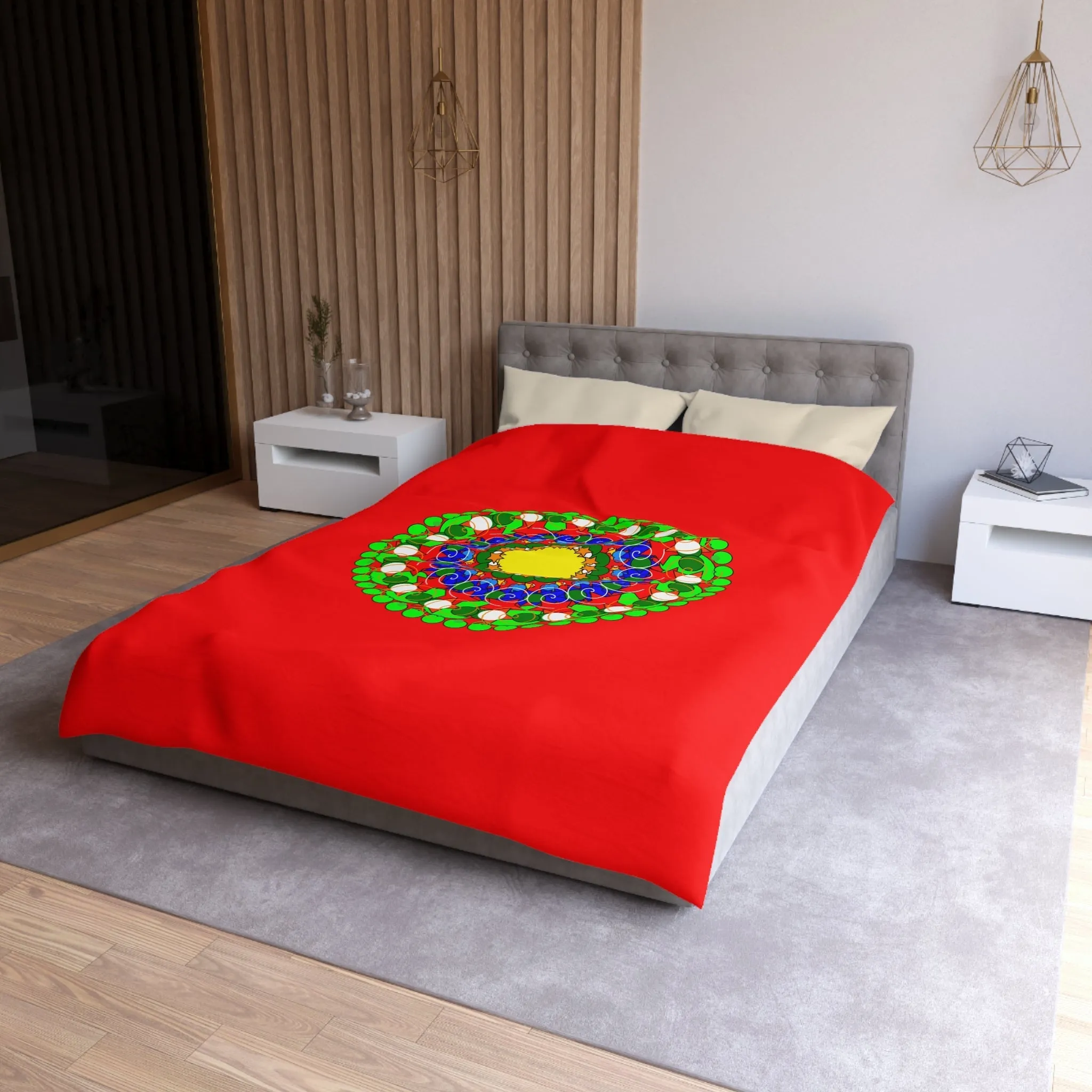 Handmade Mandala Christmas Duvet Cover for Kids' Bed - Hand-drawn Stars and Spirals - Red, Gold, Blue, Green - Fun and Colorful Presents Design