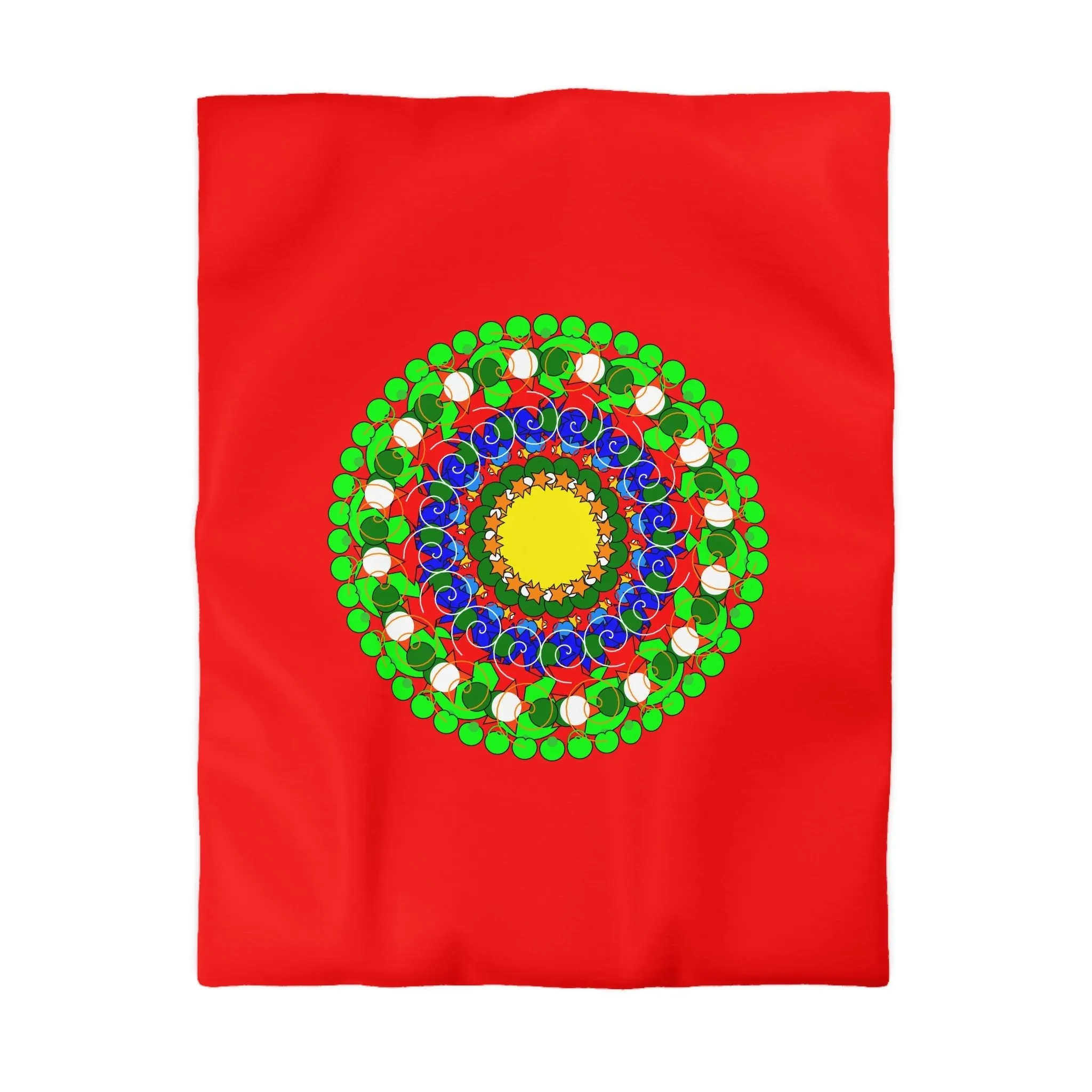 Handmade Mandala Christmas Duvet Cover for Kids' Bed - Hand-drawn Stars and Spirals - Red, Gold, Blue, Green - Fun and Colorful Presents Design