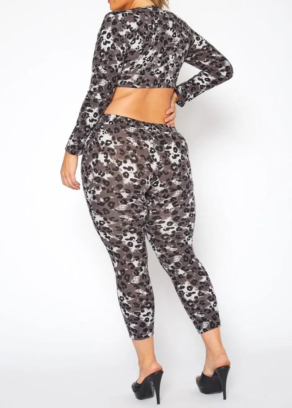 HI Curvy Plus Size Women Leopard Print Tie Front Crop Top & Leggings Sets