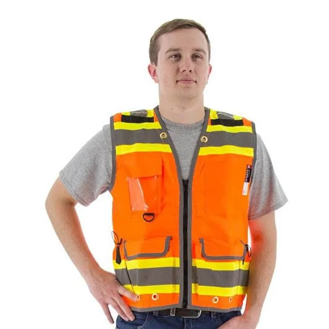 High Visibility Heavy Duty Surveyors Safety Vest - ANSI 2, 2-Tone DOT Striping, Zipper Close