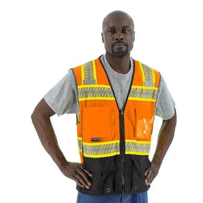 High Visibility Mesh Safety Vest - ANSI 2, DOT Reflective Chainsaw Striping, Zipper Close (PK 5 Vests)