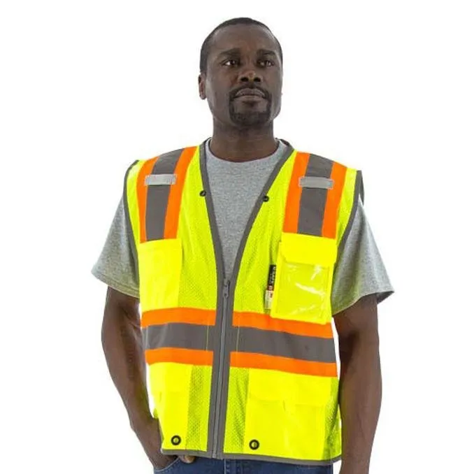 High Visibility Mesh Safety Vest (PK 5 Vests) - D-Ring Pass Through, ANSI 2, 2-Tone DOT Striping, Zipper Close