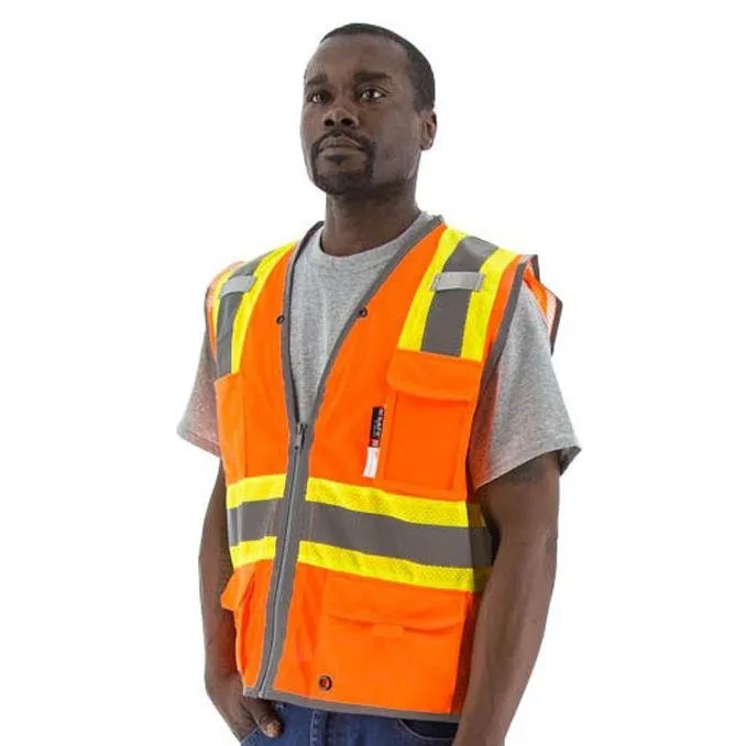 High Visibility Mesh Safety Vest (PK 5 Vests) - D-Ring Pass Through, ANSI 2, 2-Tone DOT Striping, Zipper Close