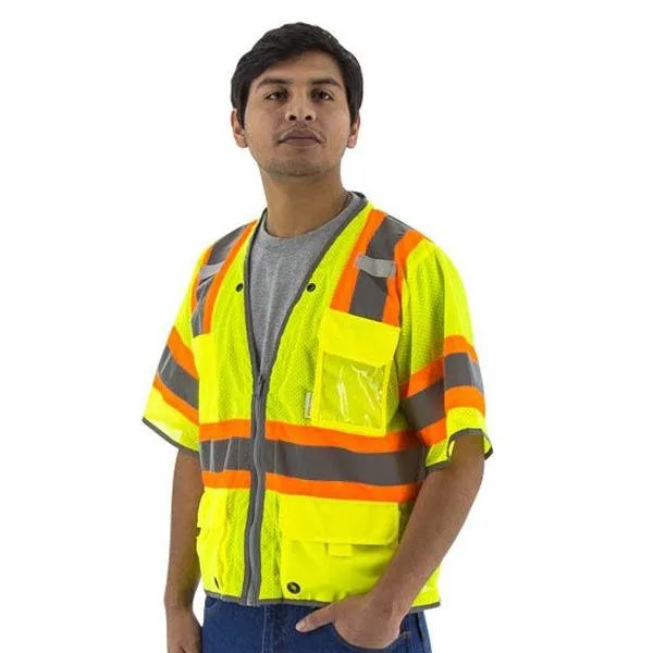 High Visibility Yellow Mesh Safety Vest (PK 5 Vests) - ANSI 3, DOT Striping, D-Ring Pass, Zipper Close