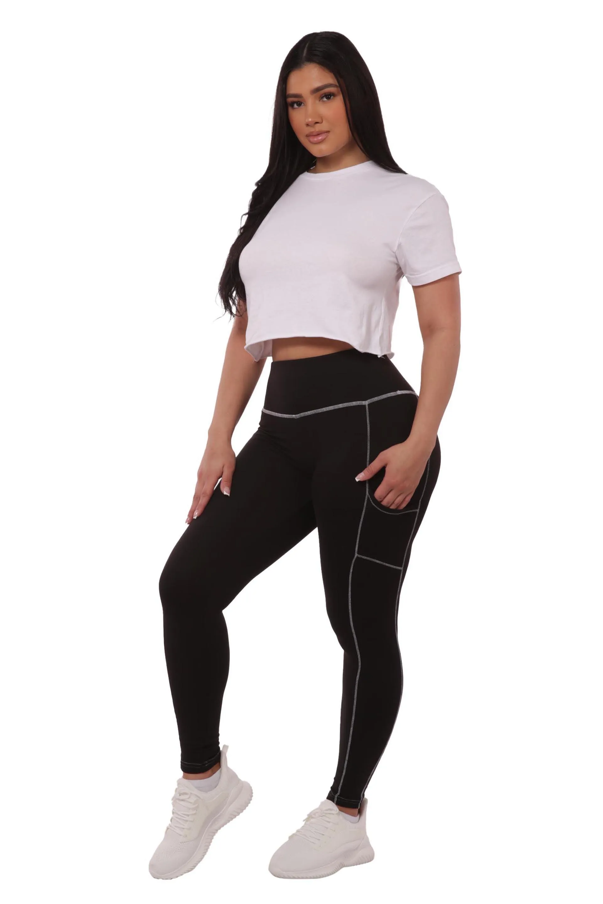 High Waist Contrast Seam Fleece Lined Leggings With Side Pockets - Black