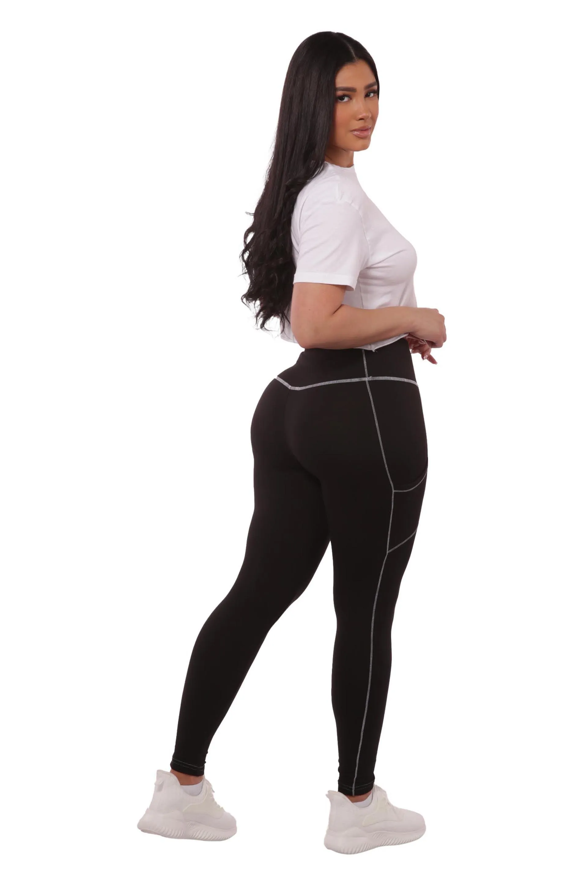 High Waist Contrast Seam Fleece Lined Leggings With Side Pockets - Black