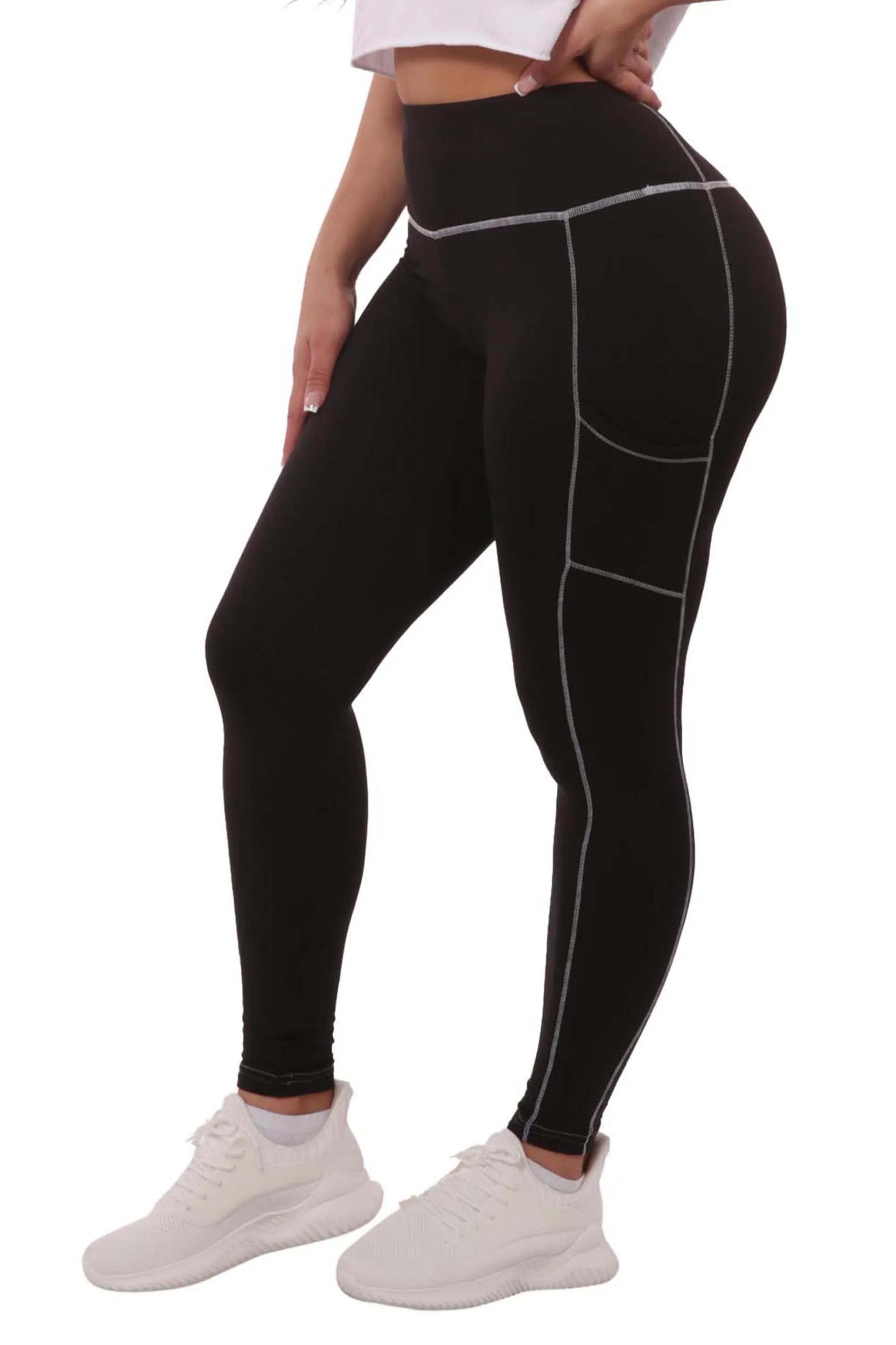 High Waist Contrast Seam Fleece Lined Leggings With Side Pockets - Black