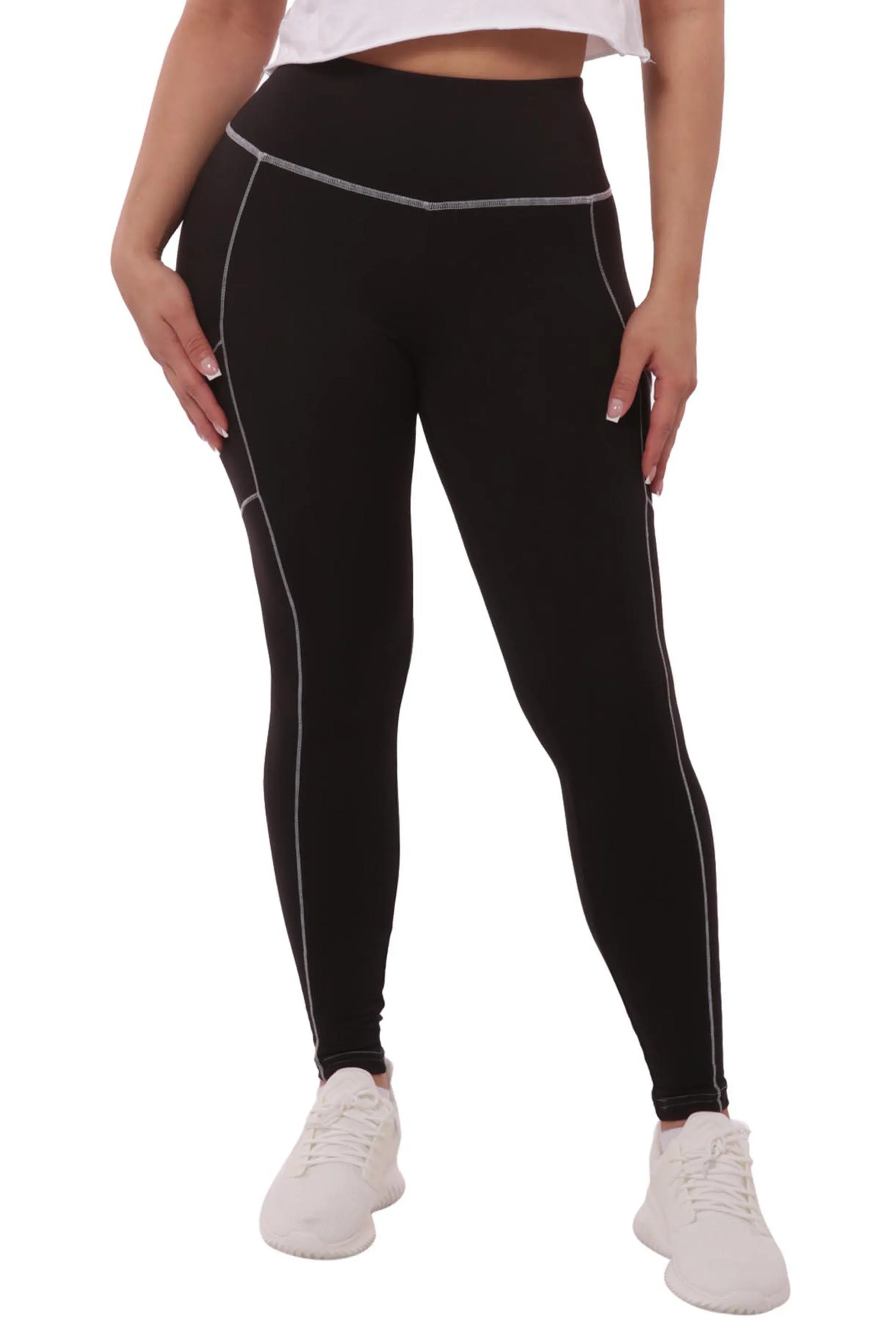 High Waist Contrast Seam Fleece Lined Leggings With Side Pockets - Black