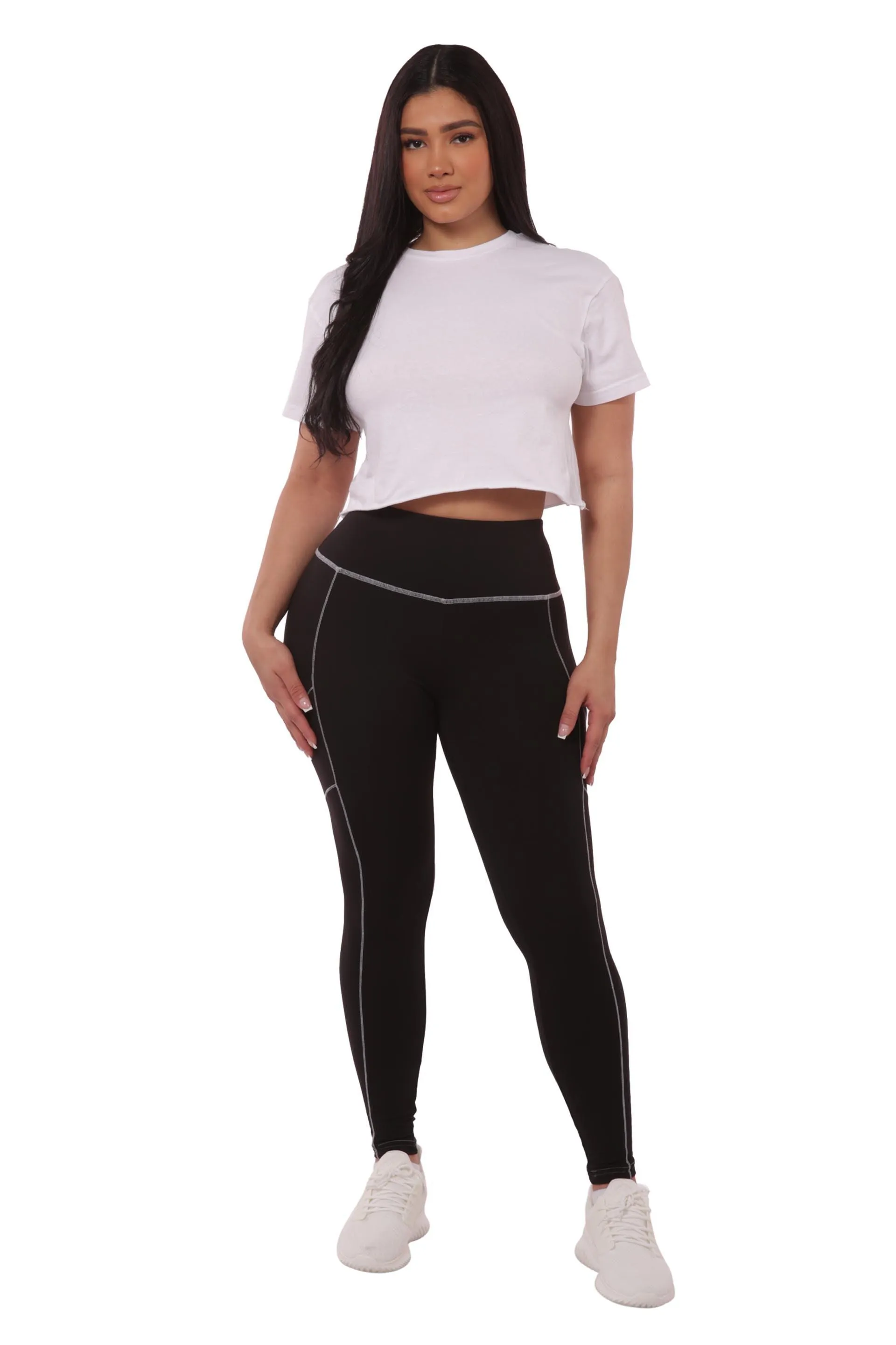 High Waist Contrast Seam Fleece Lined Leggings With Side Pockets - Black