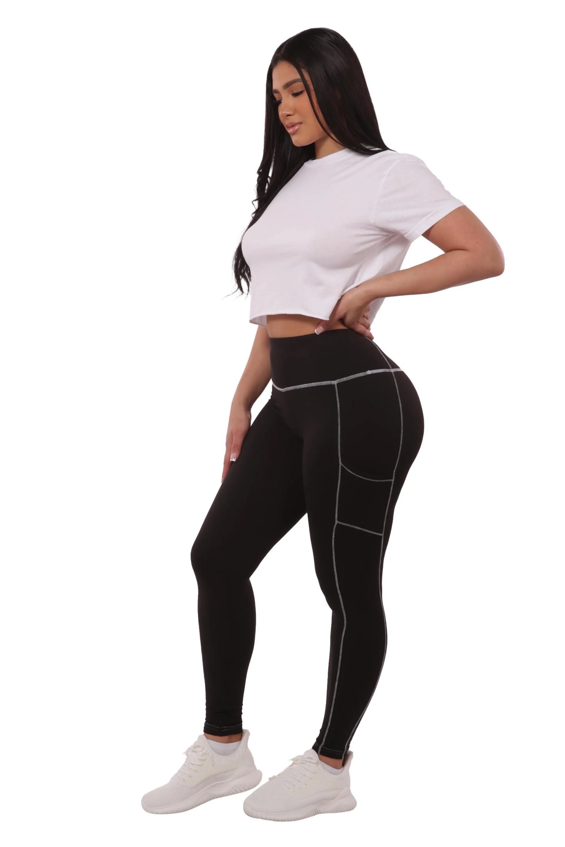 High Waist Contrast Seam Fleece Lined Leggings With Side Pockets - Black