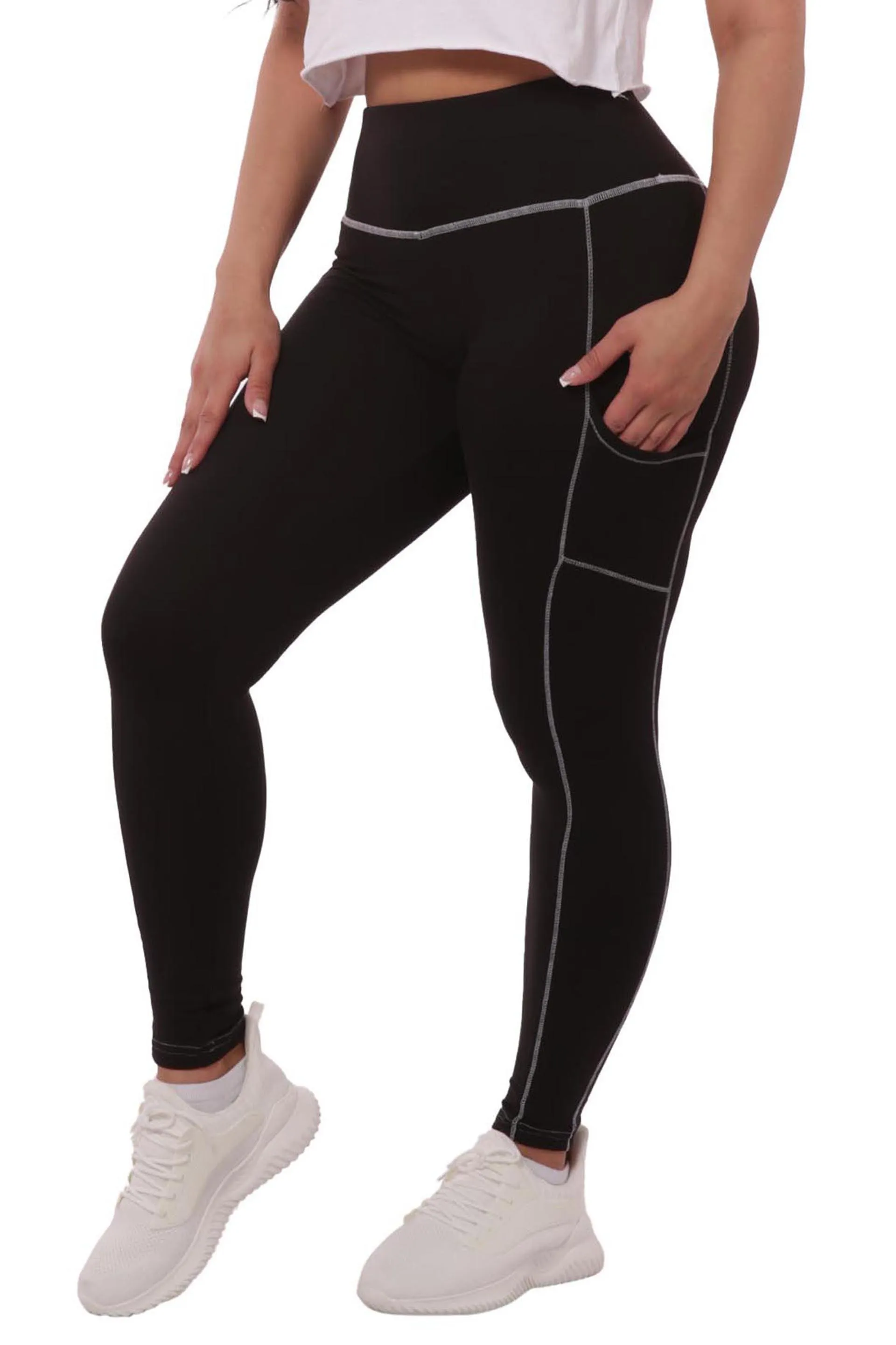 High Waist Contrast Seam Fleece Lined Leggings With Side Pockets - Black