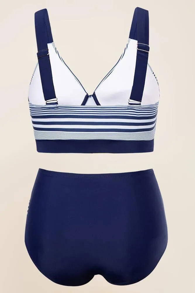 HN  Navy Stripe Plus Size 2pcs Set Swimsuit Cross Over Padded Tops High Waist Briefs