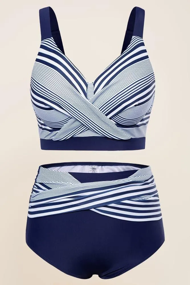 HN  Navy Stripe Plus Size 2pcs Set Swimsuit Cross Over Padded Tops High Waist Briefs