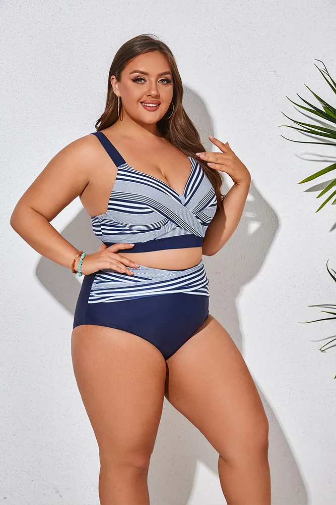 HN  Navy Stripe Plus Size 2pcs Set Swimsuit Cross Over Padded Tops High Waist Briefs